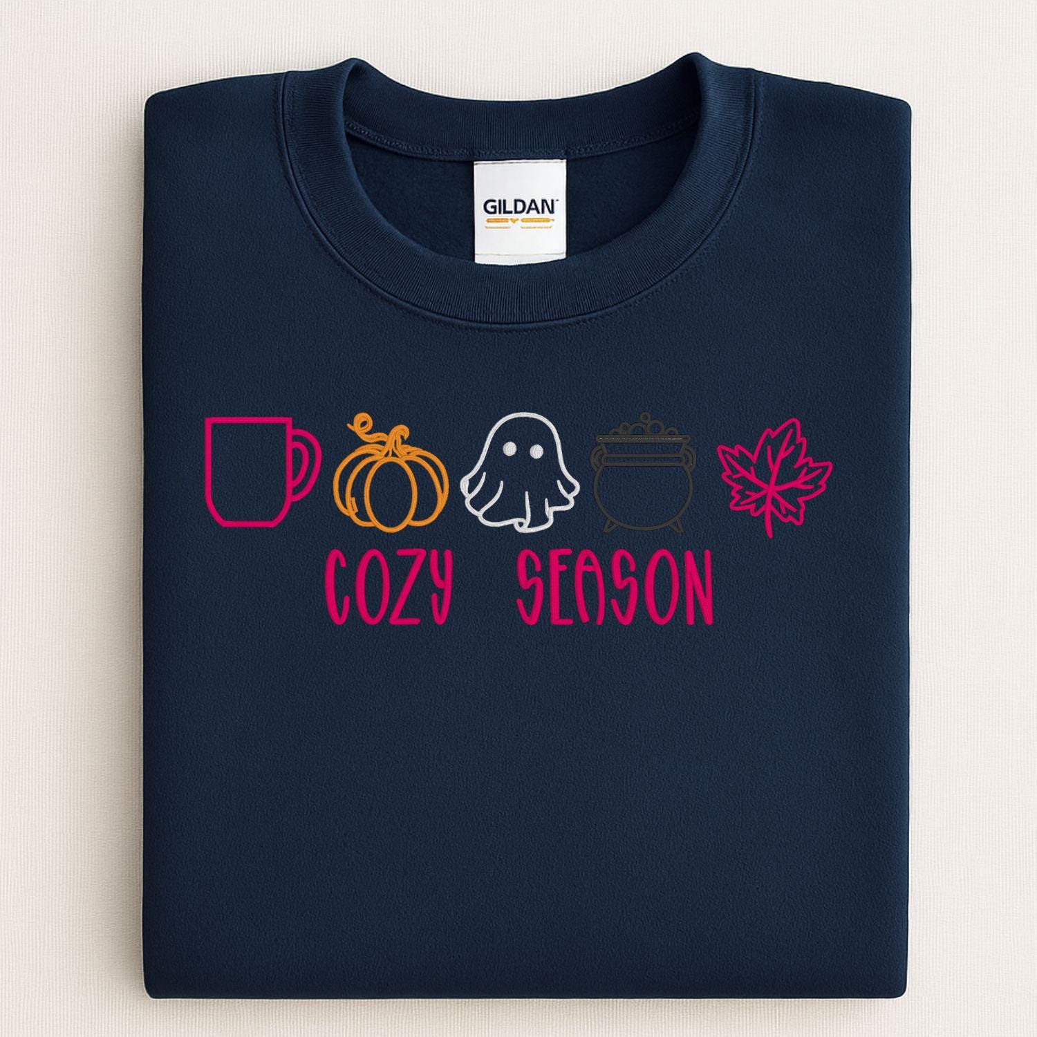 Cozy Season Embroidery Sweatshirt | Fall Pumpkin Ghost Leaf Coffee Sweater | Autumn Halloween Cozy Vibes Pullover for Women