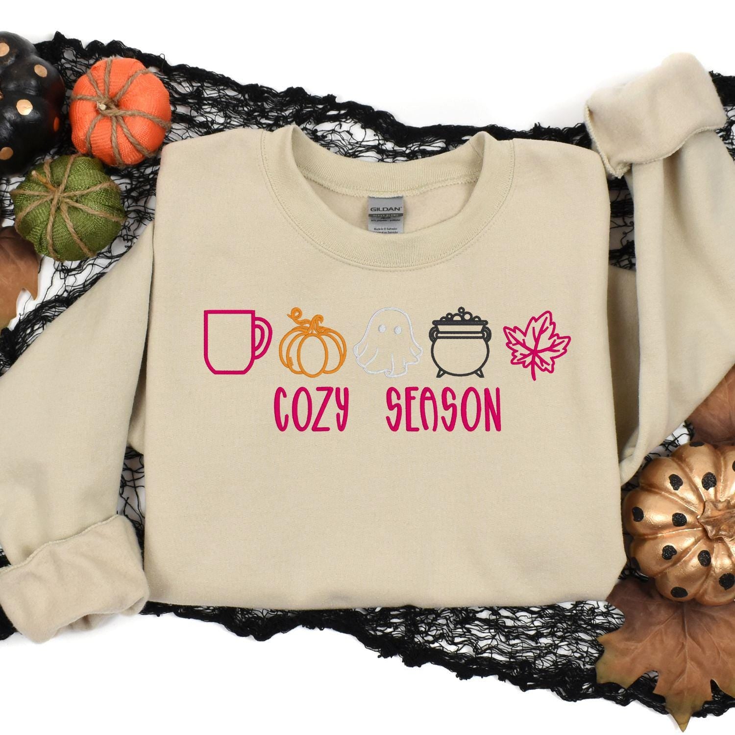 Cozy Season Embroidery Sweatshirt | Fall Pumpkin Ghost Leaf Coffee Sweater | Autumn Halloween Cozy Vibes Pullover for Women