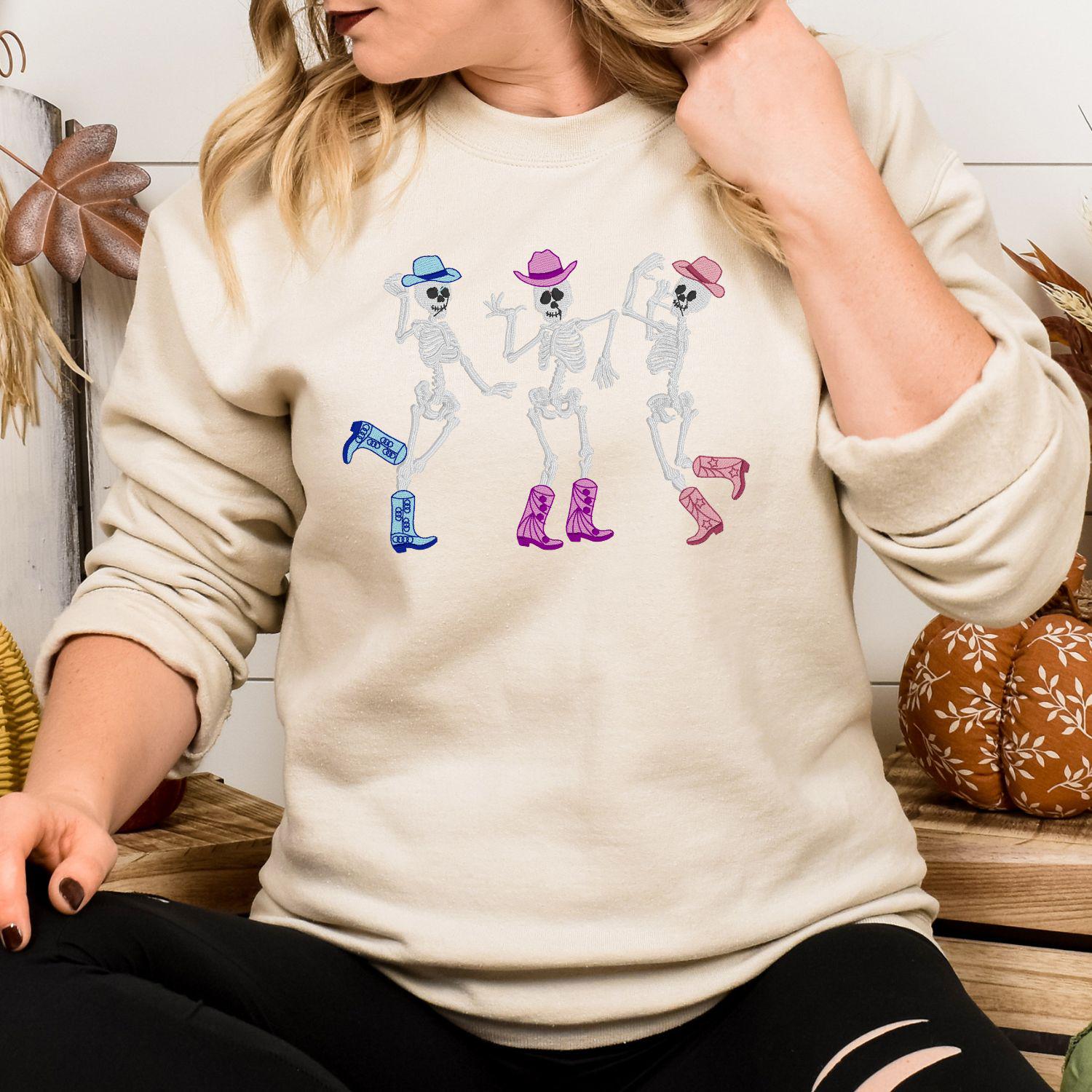 Dancing Skulls Halloween Embroidery Crewneck, Halloween Sweatshirt, Gift For Mom Or Girlfriend
