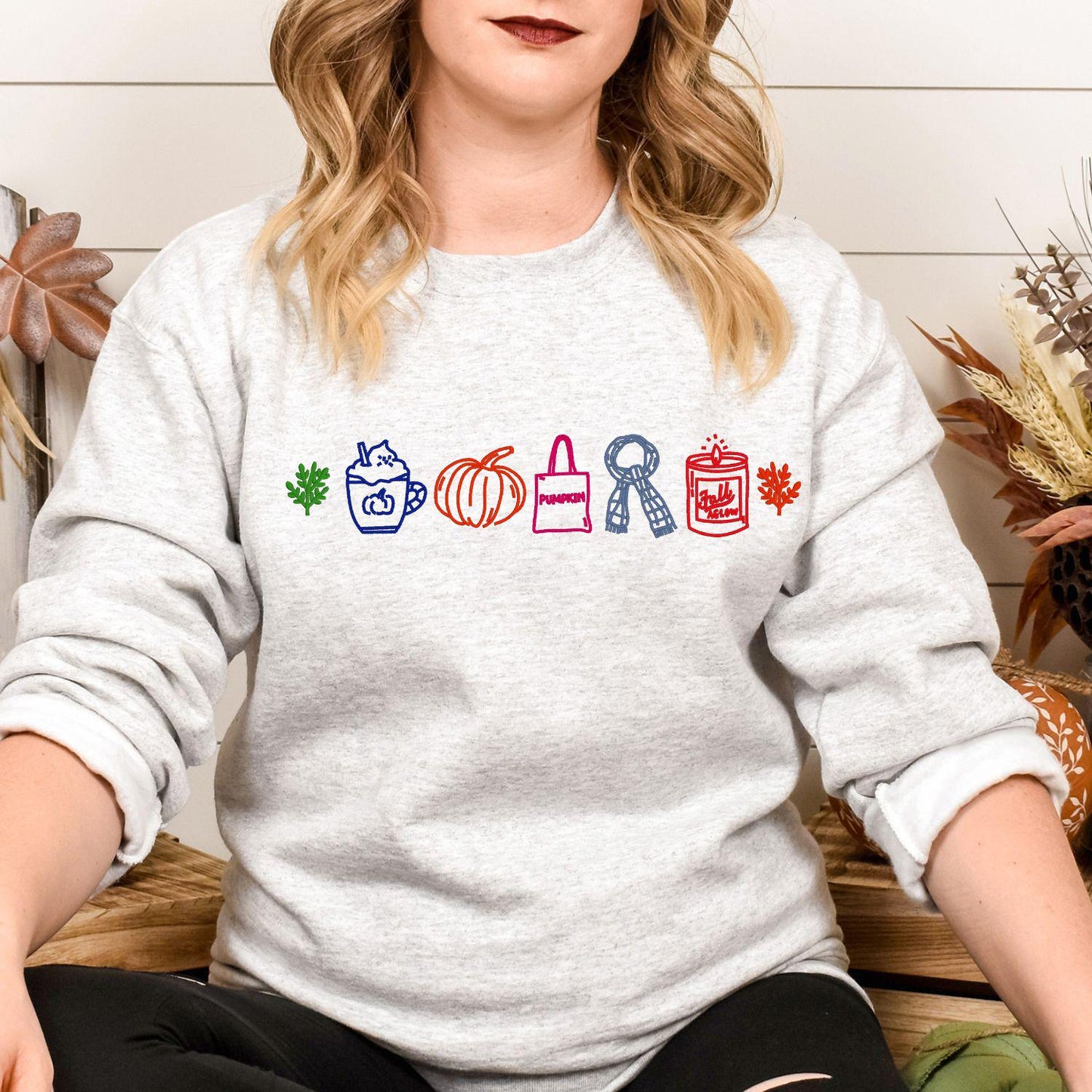 Fall Embroidery Sweatshirt | Autumn Pumpkin Latte Candle Leaf Cozy Season Pullover | Colorful Outline Fall Vibes Shirt for Women