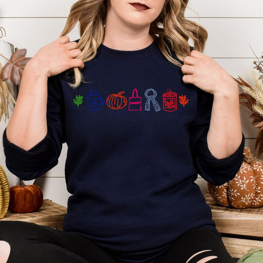 Fall Embroidery Sweatshirt | Autumn Pumpkin Latte Candle Leaf Cozy Season Pullover | Colorful Outline Fall Vibes Shirt for Women