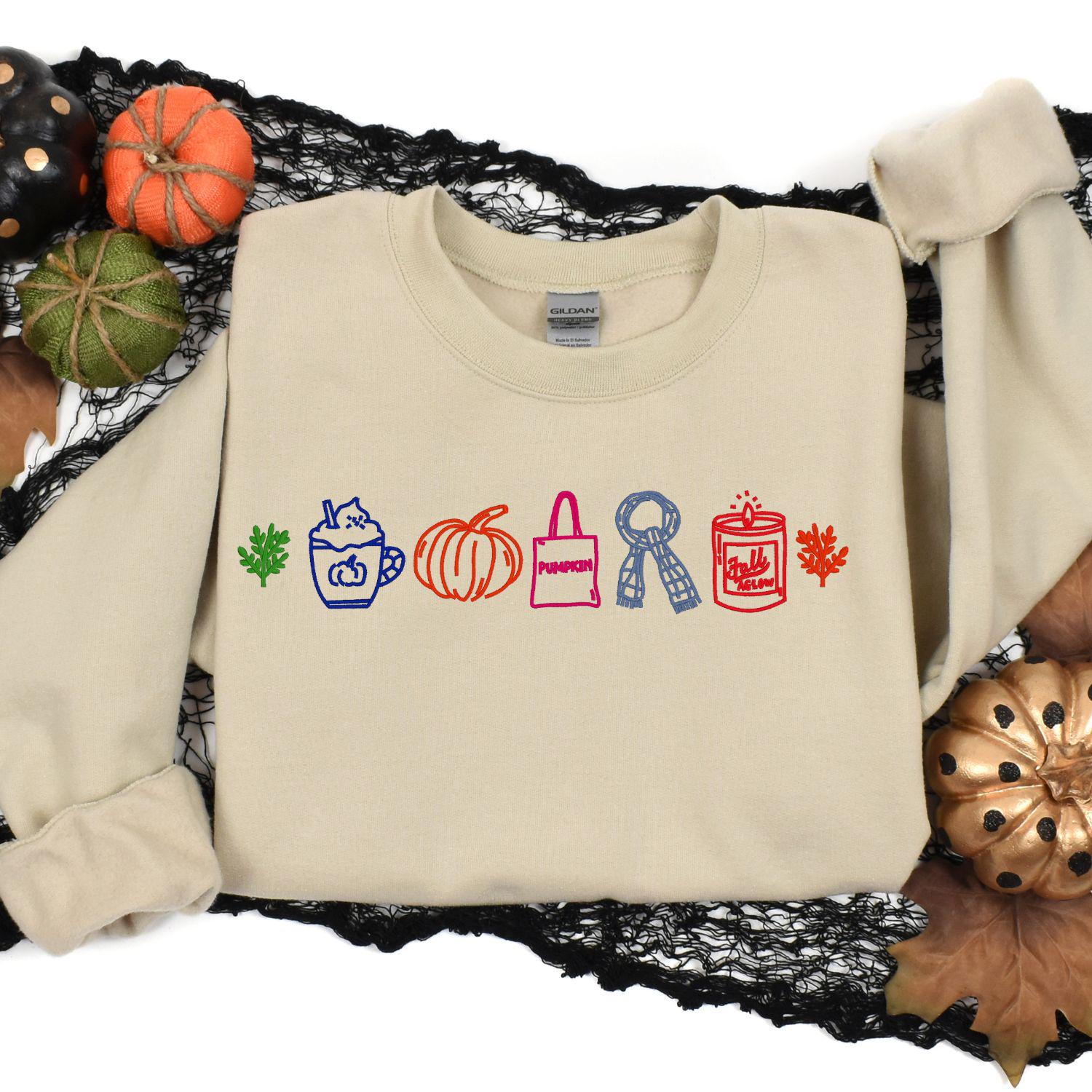 Fall Embroidery Sweatshirt | Autumn Pumpkin Latte Candle Leaf Cozy Season Pullover | Colorful Outline Fall Vibes Shirt for Women