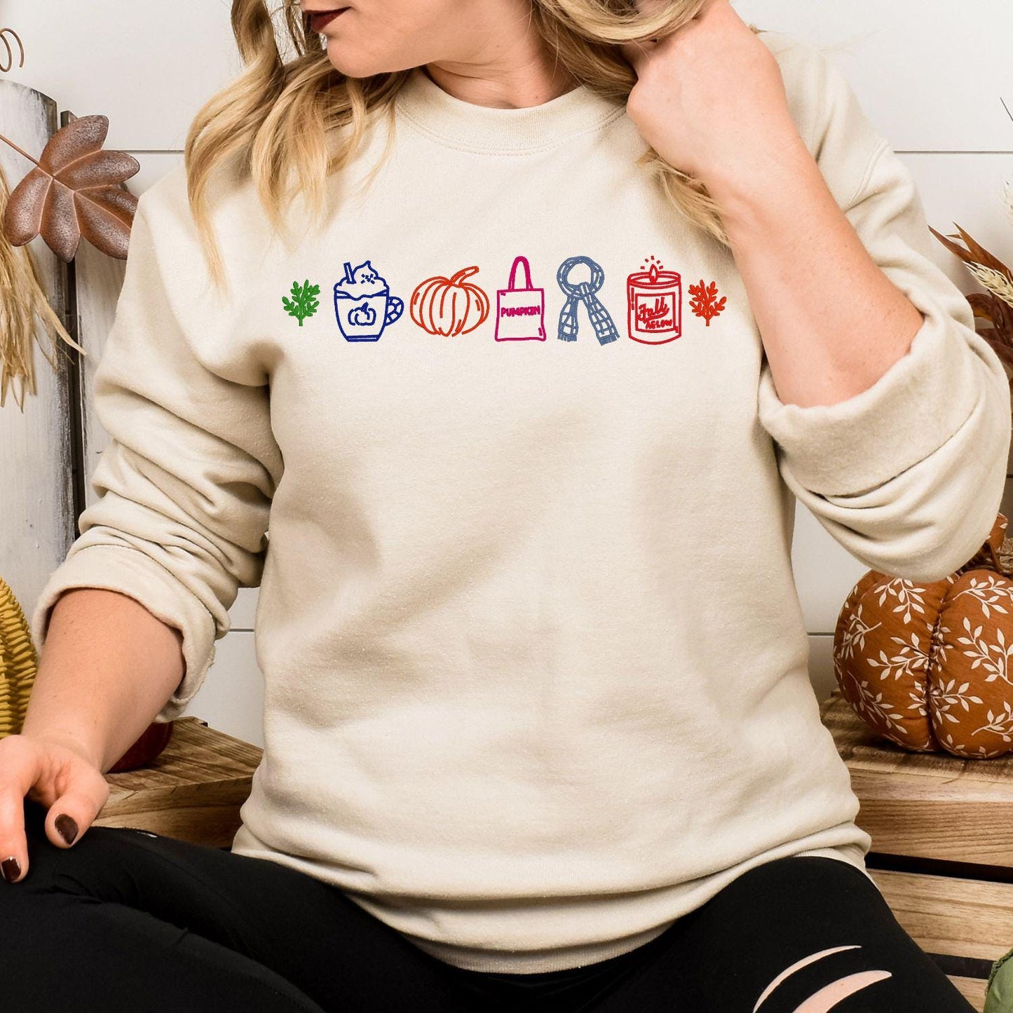 Fall Embroidery Sweatshirt | Autumn Pumpkin Latte Candle Leaf Cozy Season Pullover | Colorful Outline Fall Vibes Shirt for Women