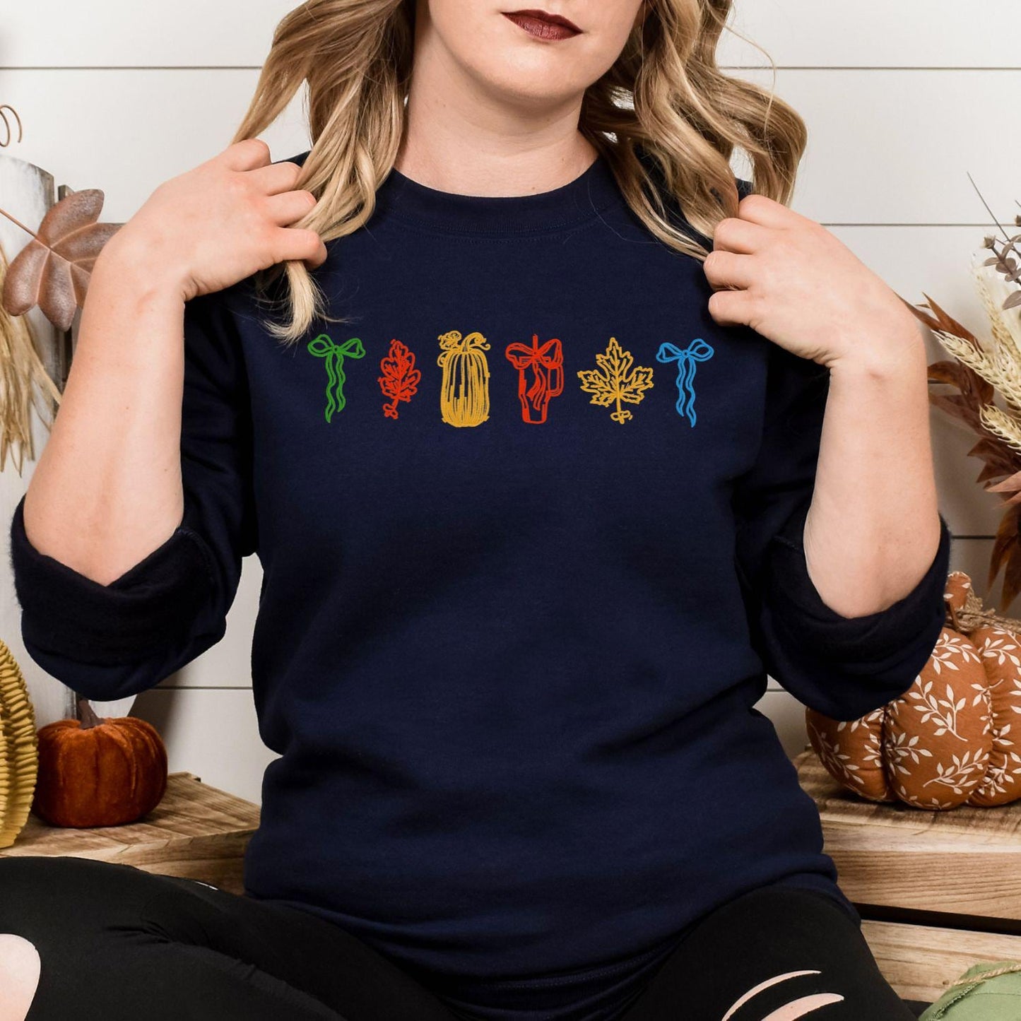 Cozy Fall Embroidery Sweatshirt | Autumn Leaf and Pumpkin Design | Colorful Seasonal Pullover | Thanksgiving Gift for Women and Friends