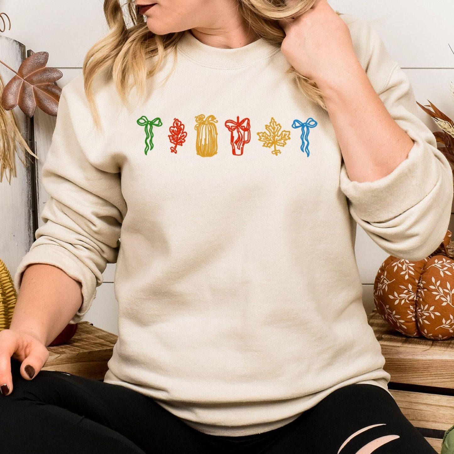 Cozy Fall Embroidery Sweatshirt | Autumn Leaf and Pumpkin Design | Colorful Seasonal Pullover | Thanksgiving Gift for Women and Friends