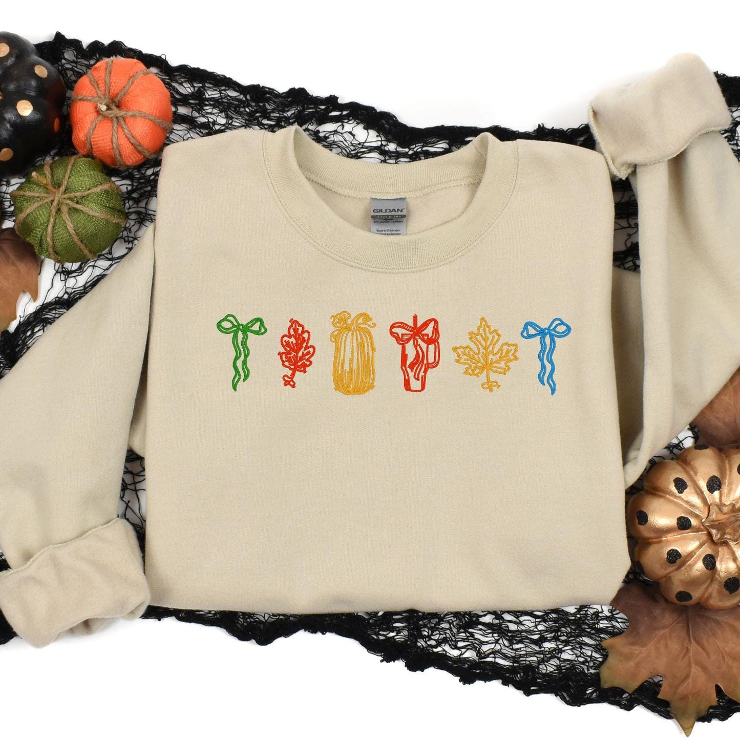 Cozy Fall Embroidery Sweatshirt | Autumn Leaf and Pumpkin Design | Colorful Seasonal Pullover | Thanksgiving Gift for Women and Friends