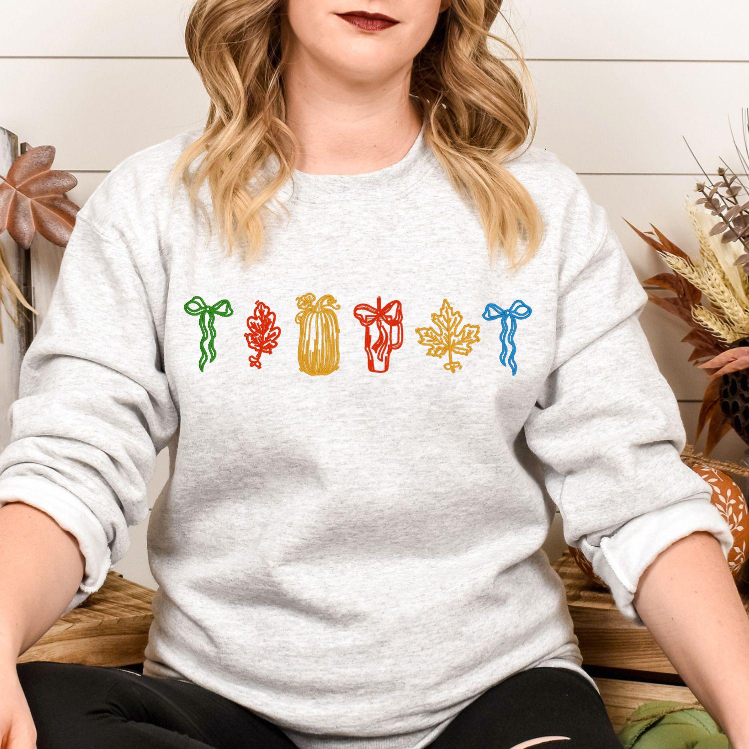 Cozy Fall Embroidery Sweatshirt | Autumn Leaf and Pumpkin Design | Colorful Seasonal Pullover | Thanksgiving Gift for Women and Friends