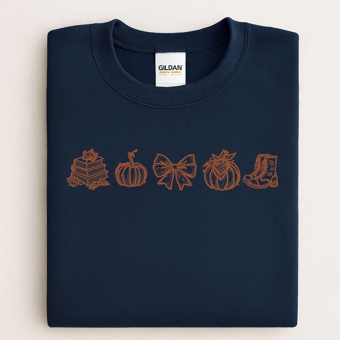Fall Embroidery Sweatshirt Autumn Pumpkin Books Cozy Bow Boots Outline Stitch Crewneck Gift for Her Seasonal Pullover Comfort Wear