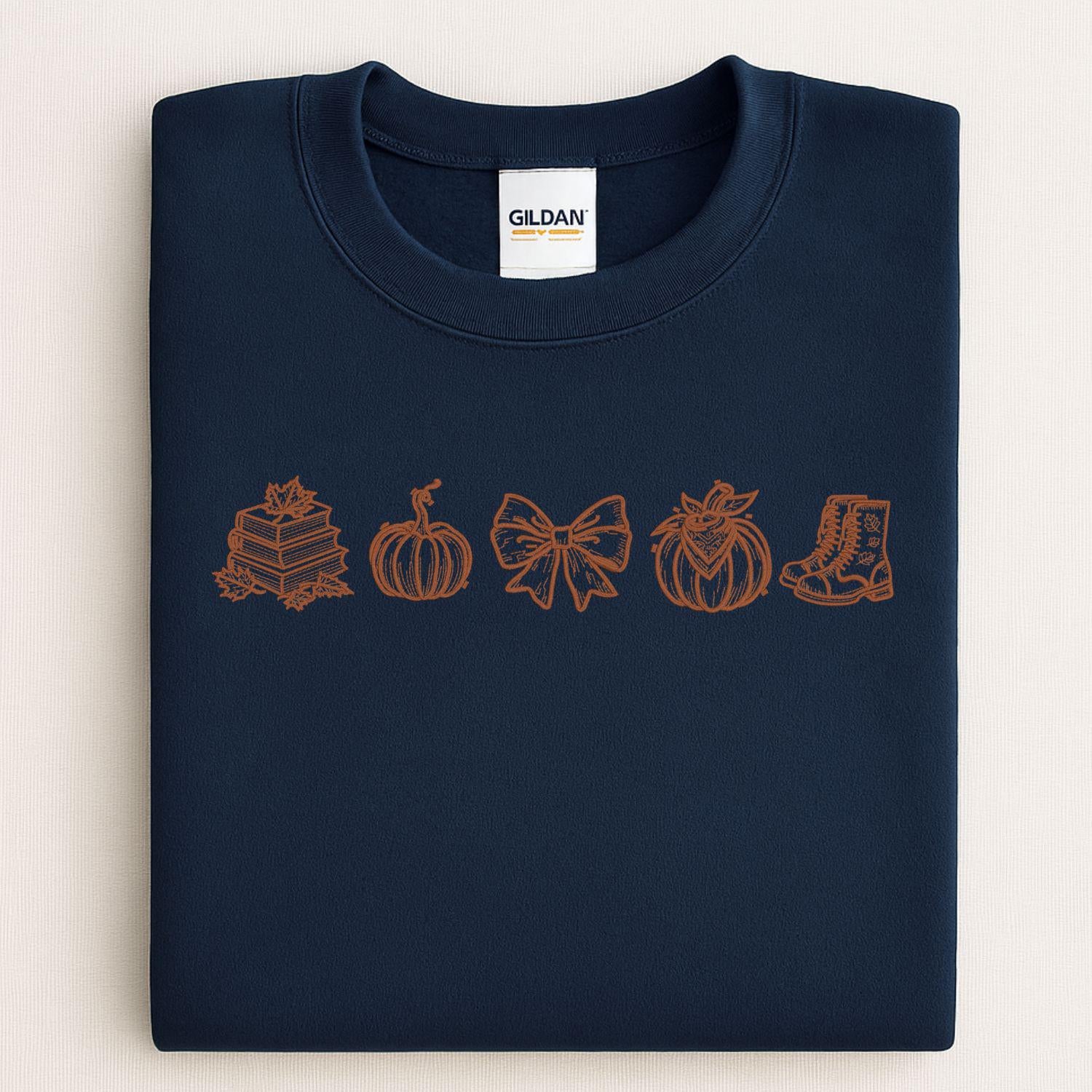 Fall Embroidery Sweatshirt Autumn Pumpkin Books Cozy Bow Boots Outline Stitch Crewneck Gift for Her Seasonal Pullover Comfort Wear