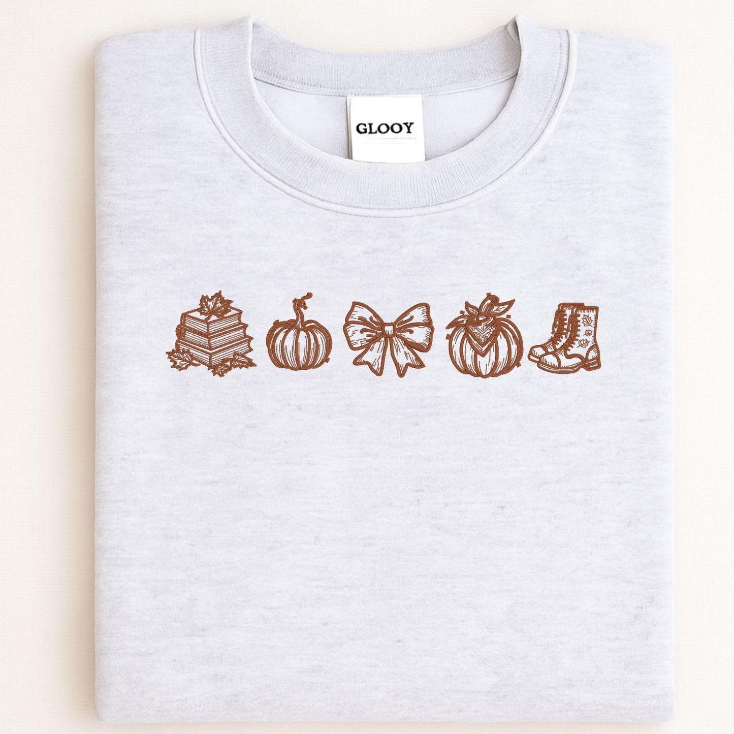 Fall Embroidery Sweatshirt Autumn Pumpkin Books Cozy Bow Boots Outline Stitch Crewneck Gift for Her Seasonal Pullover Comfort Wear