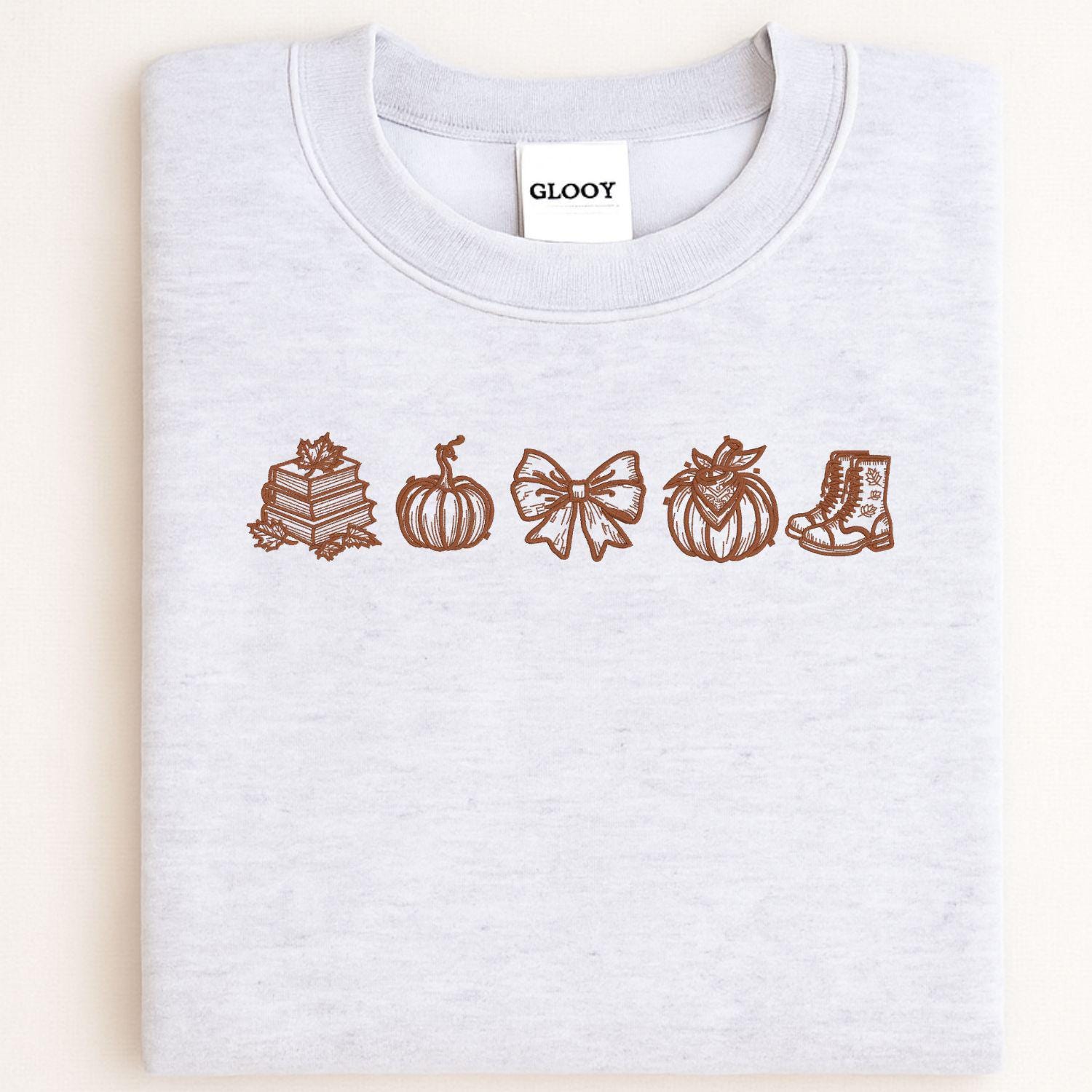 Fall Embroidery Sweatshirt Autumn Pumpkin Books Cozy Bow Boots Outline Stitch Crewneck Gift for Her Seasonal Pullover Comfort Wear