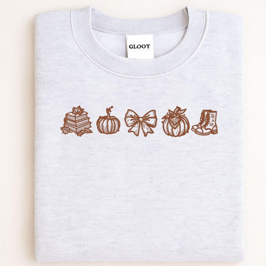 Fall Embroidery Sweatshirt Autumn Pumpkin Books Cozy Bow Boots Outline Stitch Crewneck Gift for Her Seasonal Pullover Comfort Wear