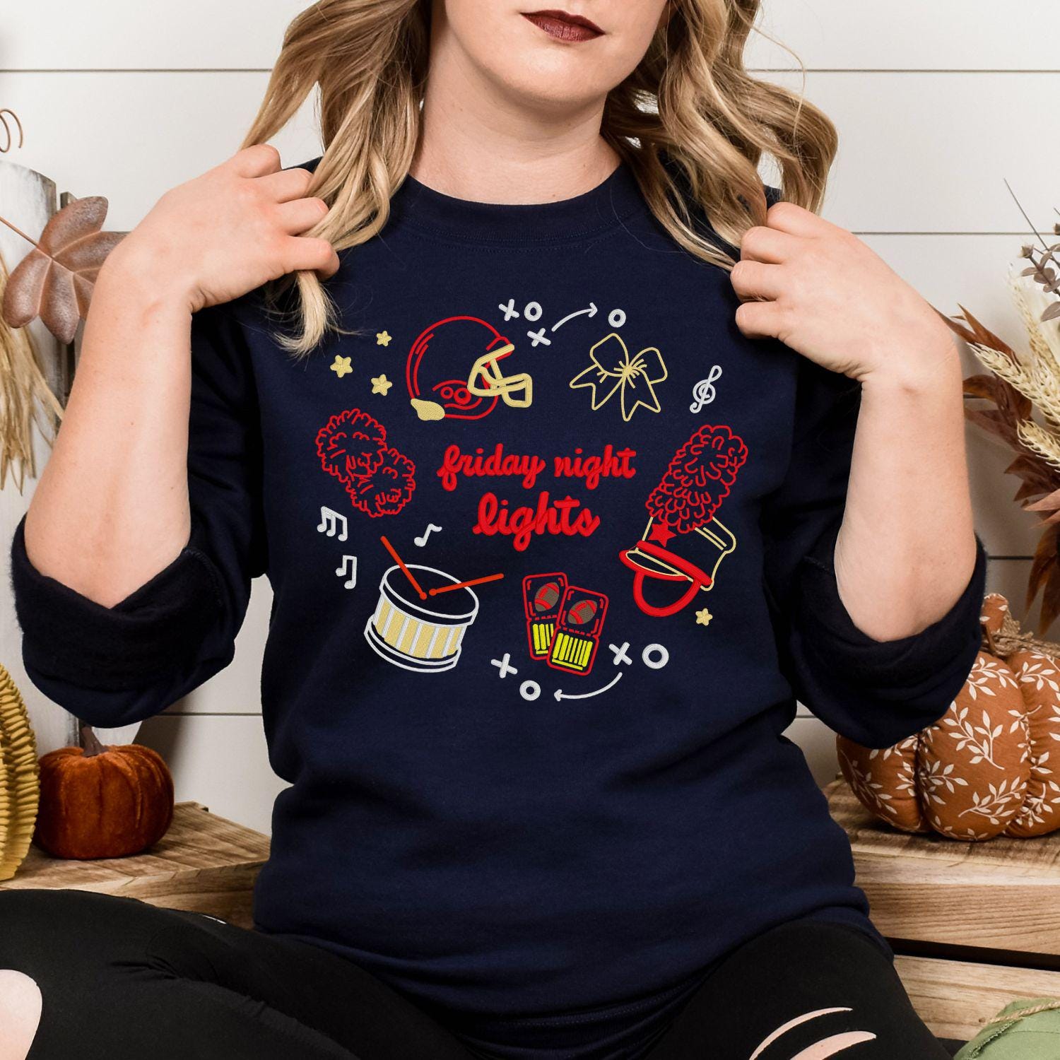Friday Night Lights Embroidery Sweatshirt | Game Day Football Shirt | Cozy Fall Stadium Top | Cheer Band Pep Rally Outfit