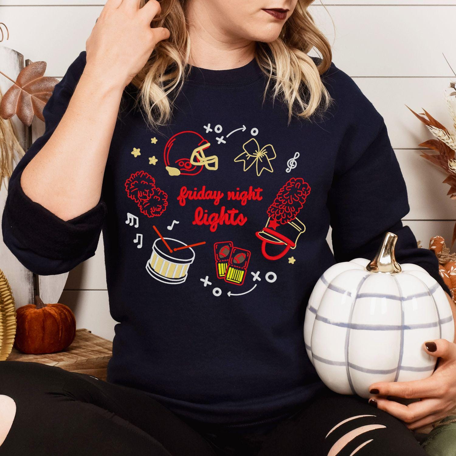 Friday Night Lights Embroidery Sweatshirt | Game Day Football Shirt | Cozy Fall Stadium Top | Cheer Band Pep Rally Outfit
