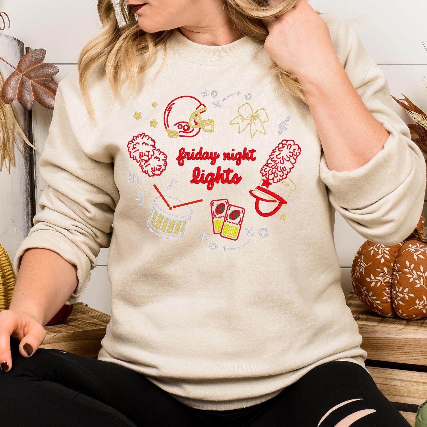 Friday Night Lights Embroidery Sweatshirt | Game Day Football Shirt | Cozy Fall Stadium Top | Cheer Band Pep Rally Outfit