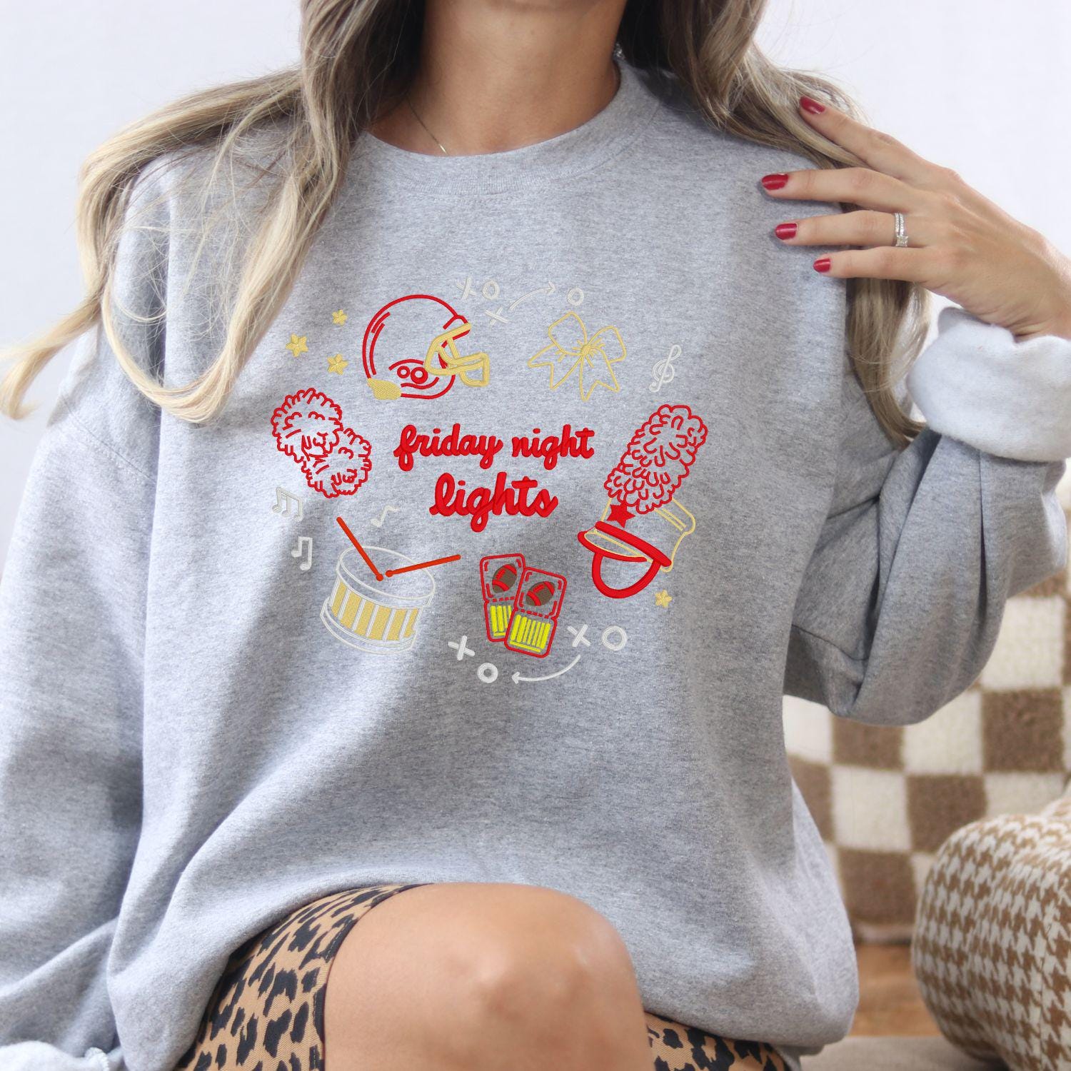 Friday Night Lights Embroidery Sweatshirt | Game Day Football Shirt | Cozy Fall Stadium Top | Cheer Band Pep Rally Outfit