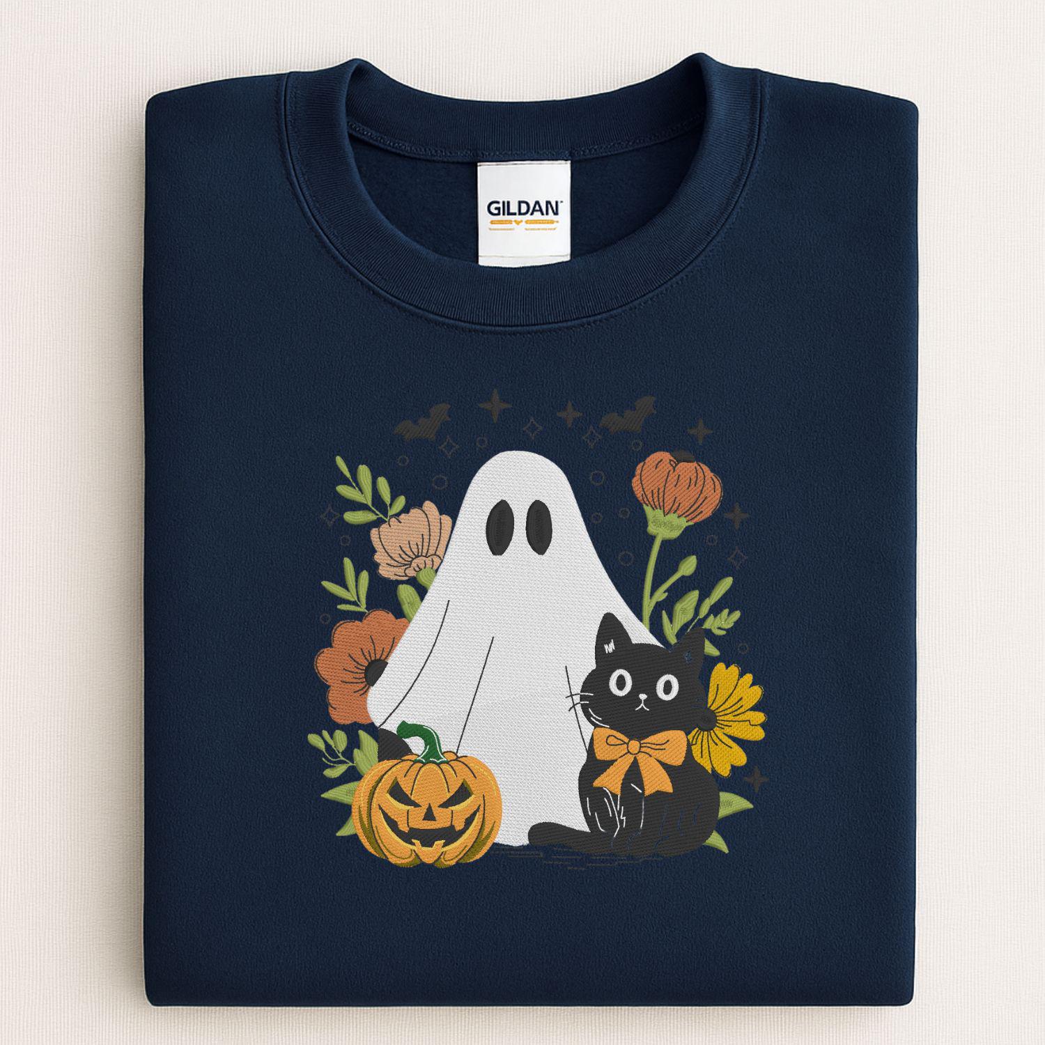 Ghost and Black Cat Embroidery Sweatshirt, Pumpkin Floral Fall Pullover, Spooky Season Cozy Halloween Shirt, Autumn Gift for Her