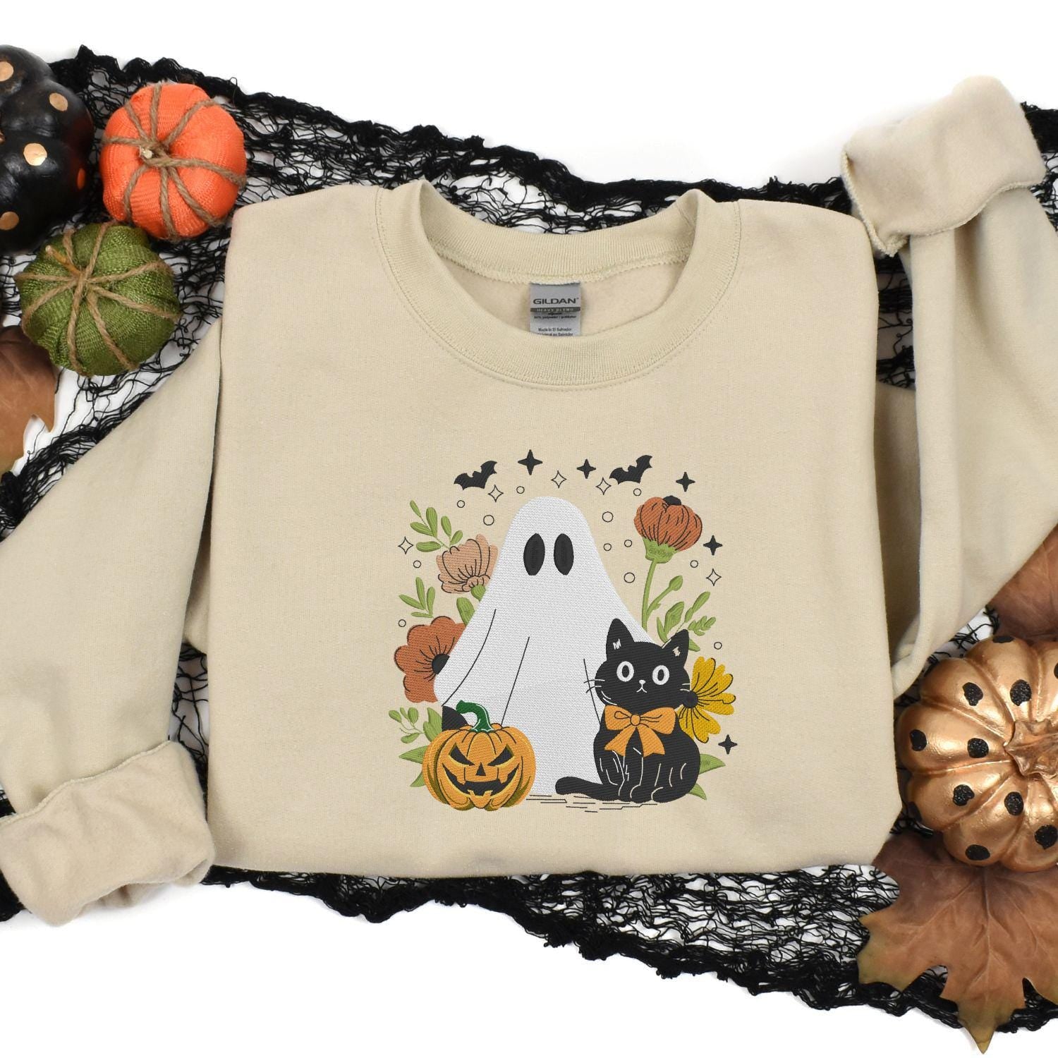 Ghost and Black Cat Embroidery Sweatshirt, Pumpkin Floral Fall Pullover, Spooky Season Cozy Halloween Shirt, Autumn Gift for Her