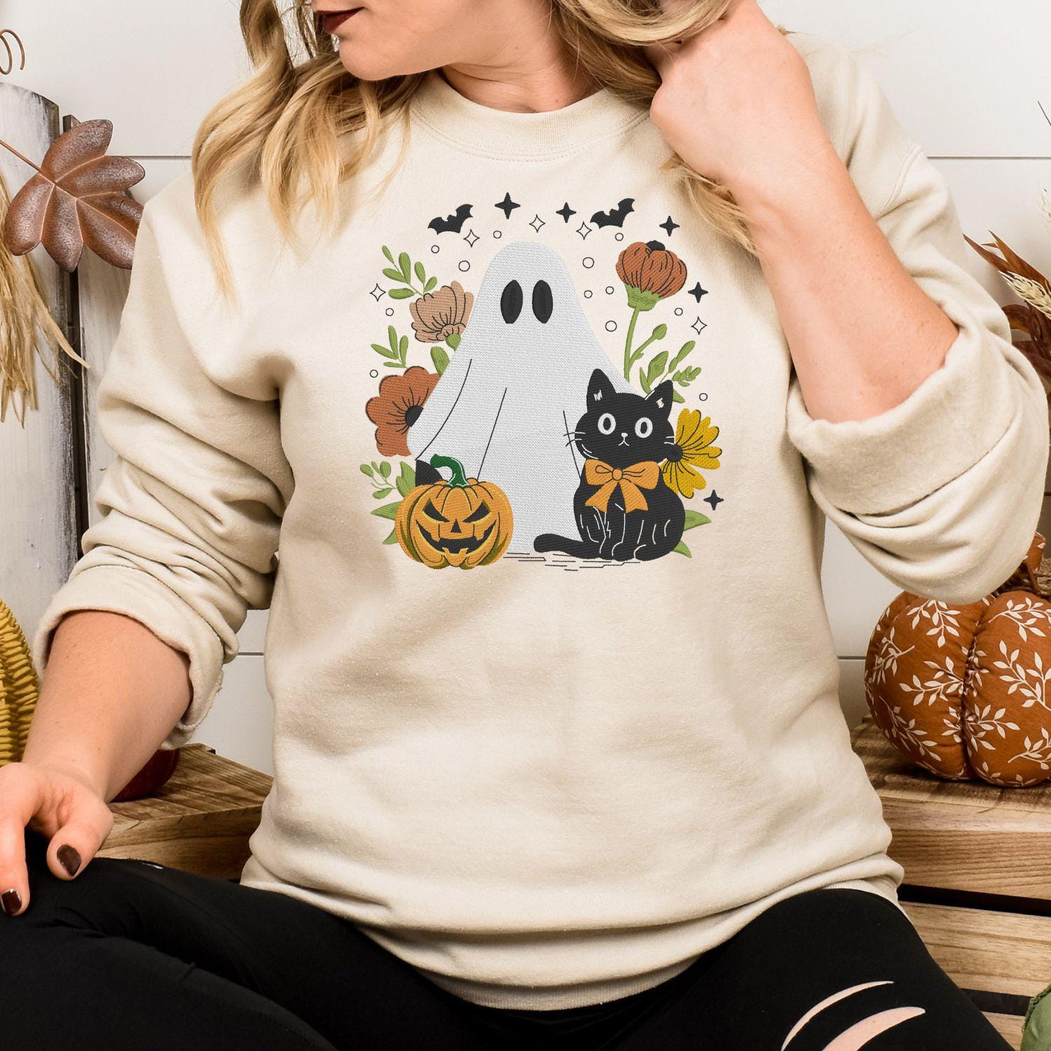 Ghost and Black Cat Embroidery Sweatshirt, Pumpkin Floral Fall Pullover, Spooky Season Cozy Halloween Shirt, Autumn Gift for Her