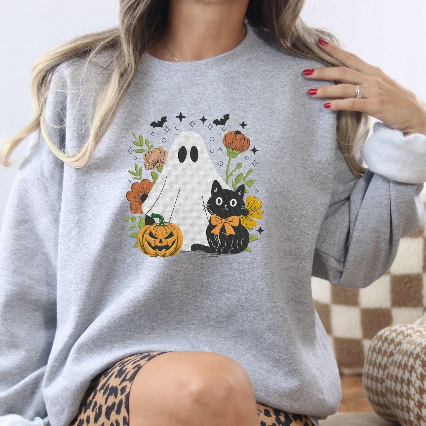 Ghost and Black Cat Embroidery Sweatshirt, Pumpkin Floral Fall Pullover, Spooky Season Cozy Halloween Shirt, Autumn Gift for Her