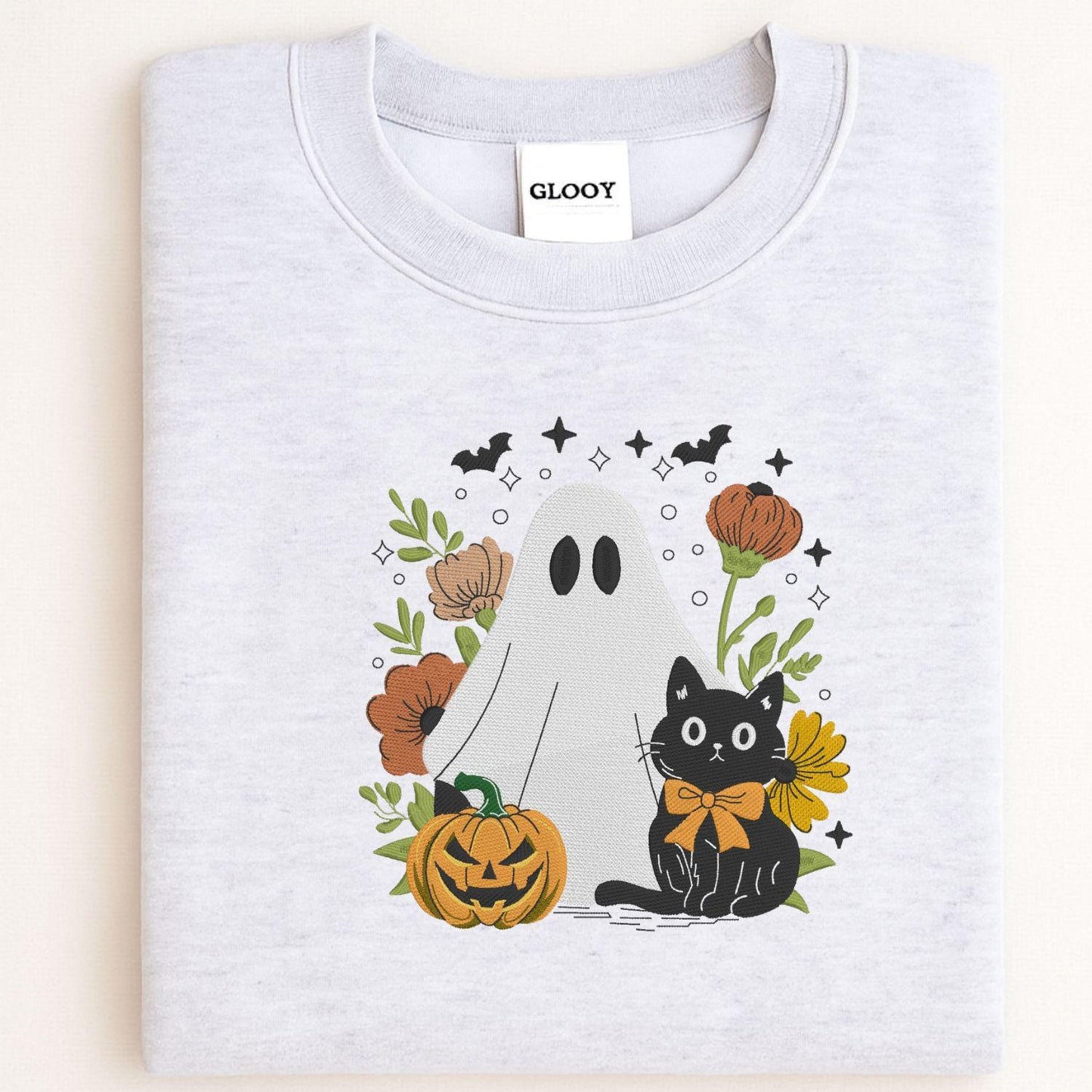 Ghost and Black Cat Embroidery Sweatshirt, Pumpkin Floral Fall Pullover, Spooky Season Cozy Halloween Shirt, Autumn Gift for Her