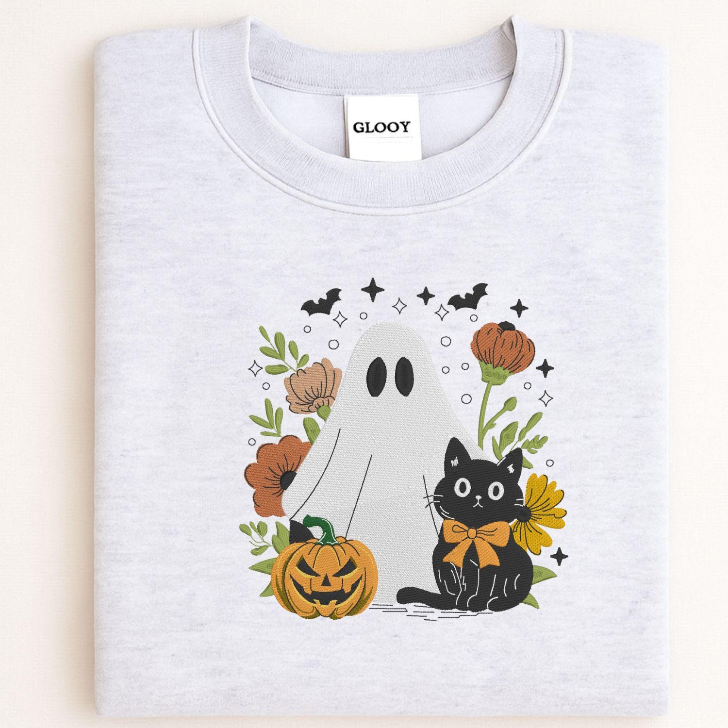 Ghost and Black Cat Embroidery Sweatshirt, Pumpkin Floral Fall Pullover, Spooky Season Cozy Halloween Shirt, Autumn Gift for Her