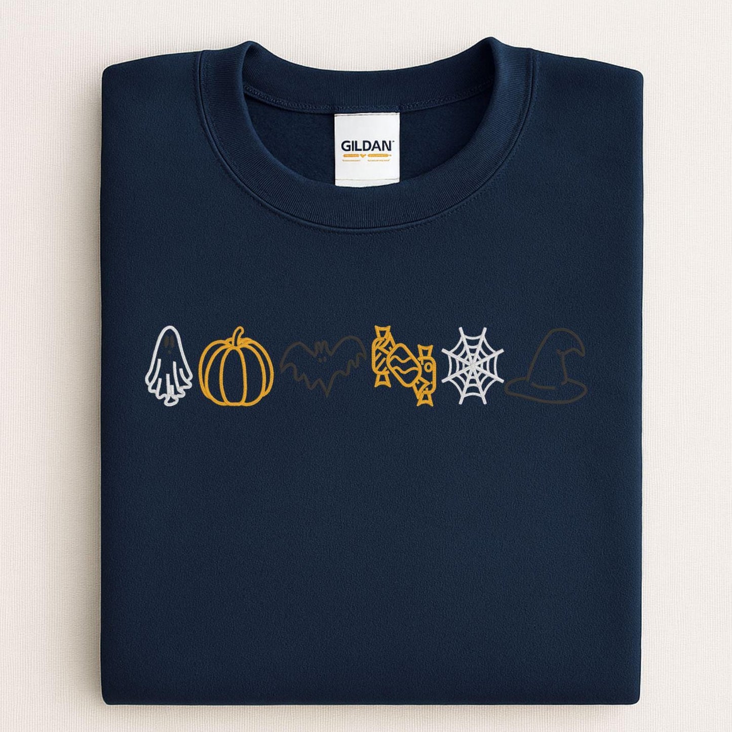 Ghost Pumpkin Bat Candy Web Hat Embroidery Sweatshirt | Fall Halloween Pullover | Cozy Autumn Boho Spooky Season Shirt