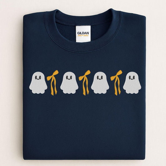 Cute Ghost and Bow Embroidery Sweatshirt • Halloween Crewneck • Fall Ghost Shirt • Cozy Autumn Embroidered Pullover for Women