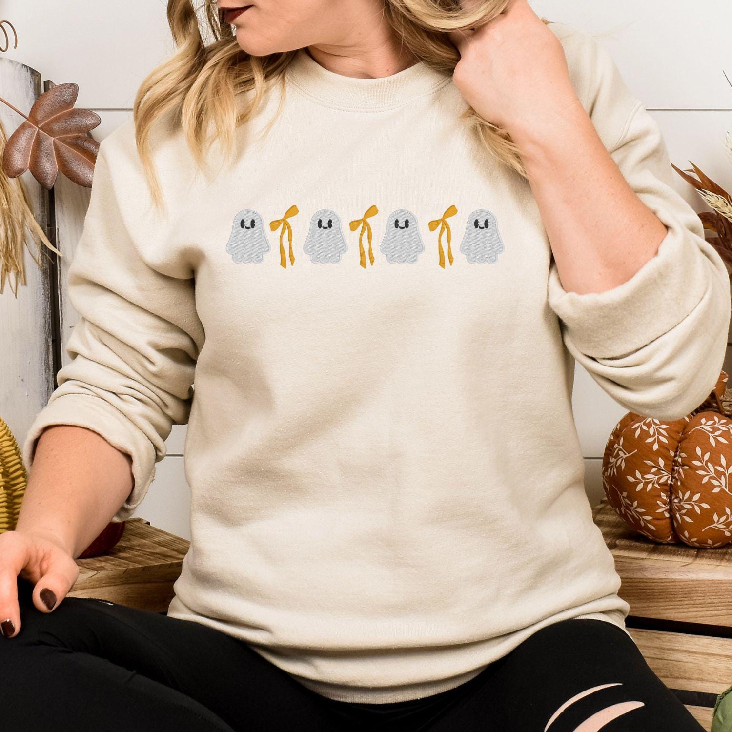 Cute Ghost and Bow Embroidery Sweatshirt • Halloween Crewneck • Fall Ghost Shirt • Cozy Autumn Embroidered Pullover for Women