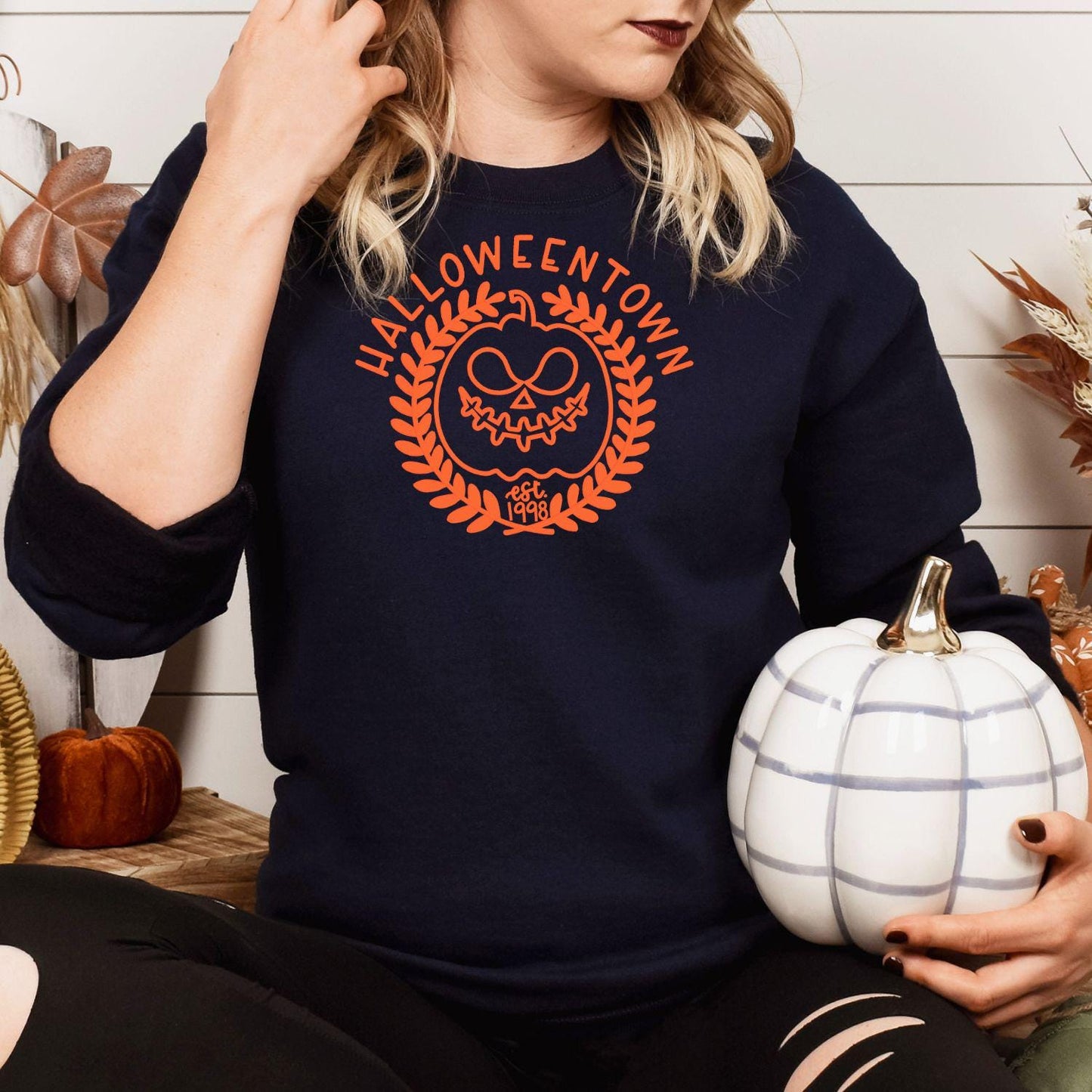 Halloween Pumpkin Face Embroidery Sweatshirt | Spooky Fall Season Crewneck | Cozy Autumn Pumpkin Stitch Shirt for Halloween Lovers