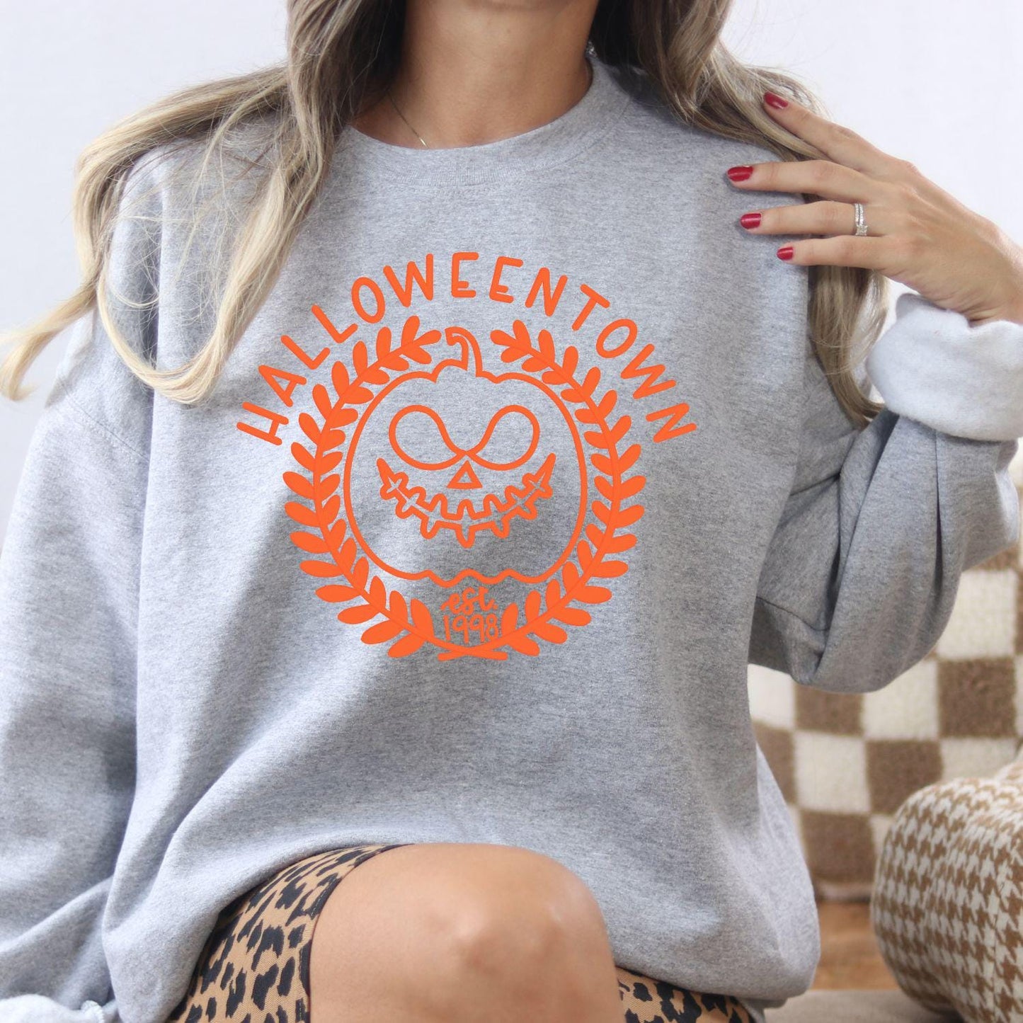 Halloween Pumpkin Face Embroidery Sweatshirt | Spooky Fall Season Crewneck | Cozy Autumn Pumpkin Stitch Shirt for Halloween Lovers