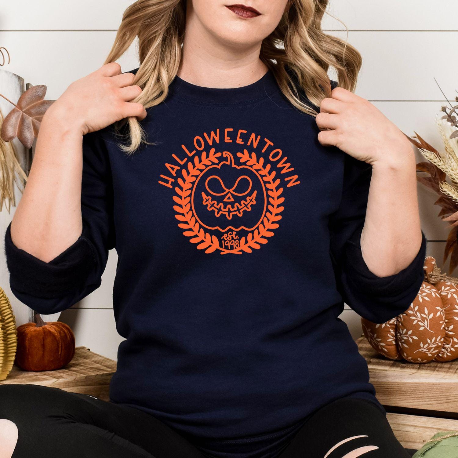 Halloween Pumpkin Face Embroidery Sweatshirt | Spooky Fall Season Crewneck | Cozy Autumn Pumpkin Stitch Shirt for Halloween Lovers