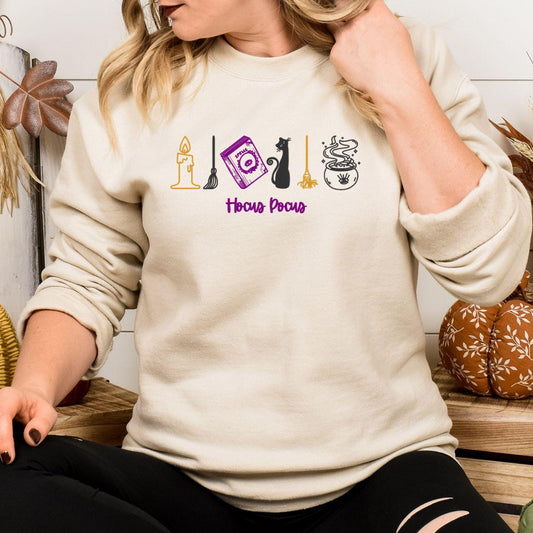 Cozy Autumn Witchy Embroidery Sweatshirt | Fall Pumpkin Candle Cat Cauldron Design | Spooky Season Pullover Halloween Shirt