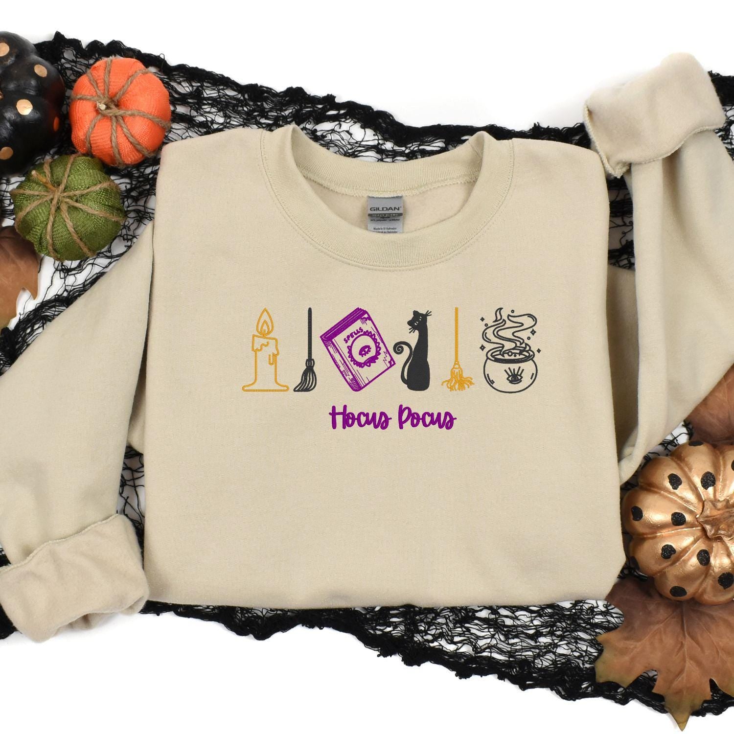 Cozy Autumn Witchy Embroidery Sweatshirt | Fall Pumpkin Candle Cat Cauldron Design | Spooky Season Pullover Halloween Shirt