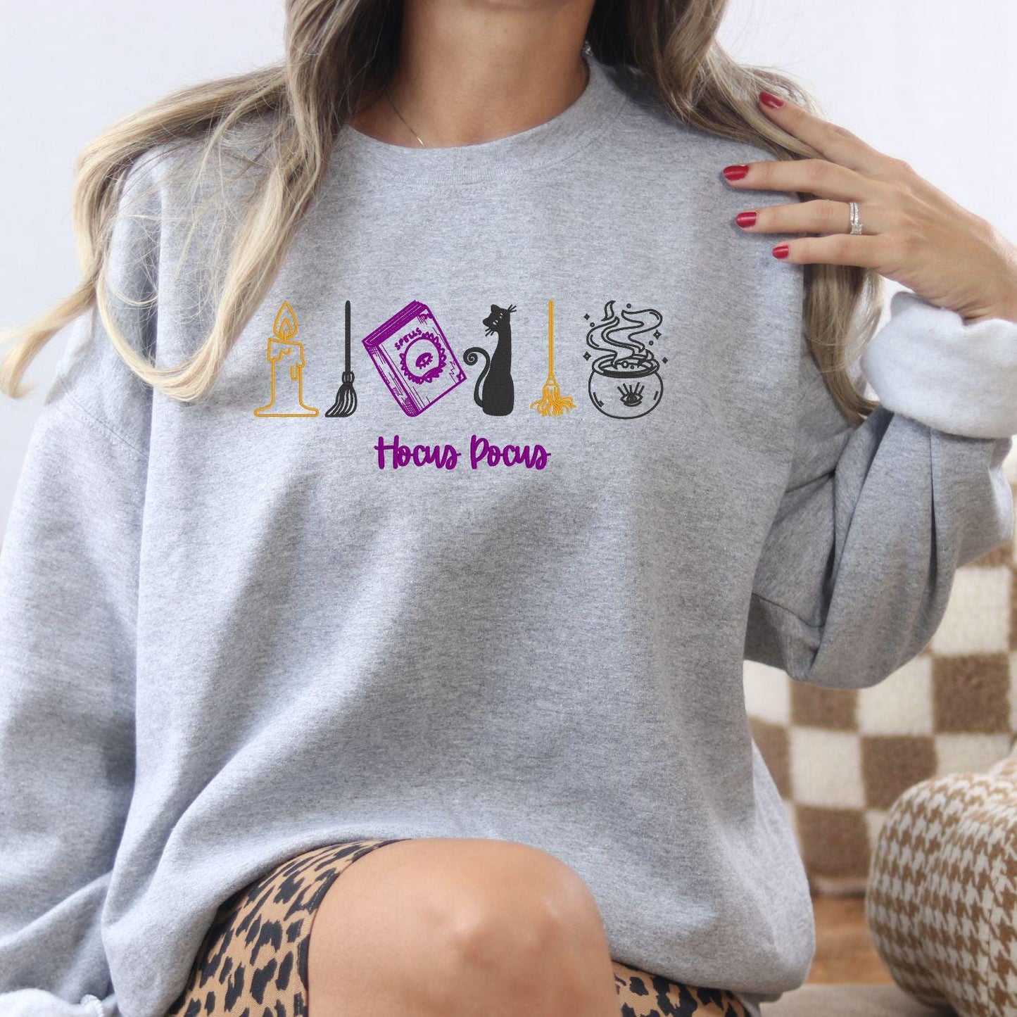 Cozy Autumn Witchy Embroidery Sweatshirt | Fall Pumpkin Candle Cat Cauldron Design | Spooky Season Pullover Halloween Shirt