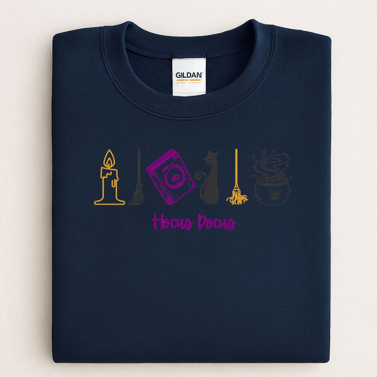 Cozy Autumn Witchy Embroidery Sweatshirt | Fall Pumpkin Candle Cat Cauldron Design | Spooky Season Pullover Halloween Shirt