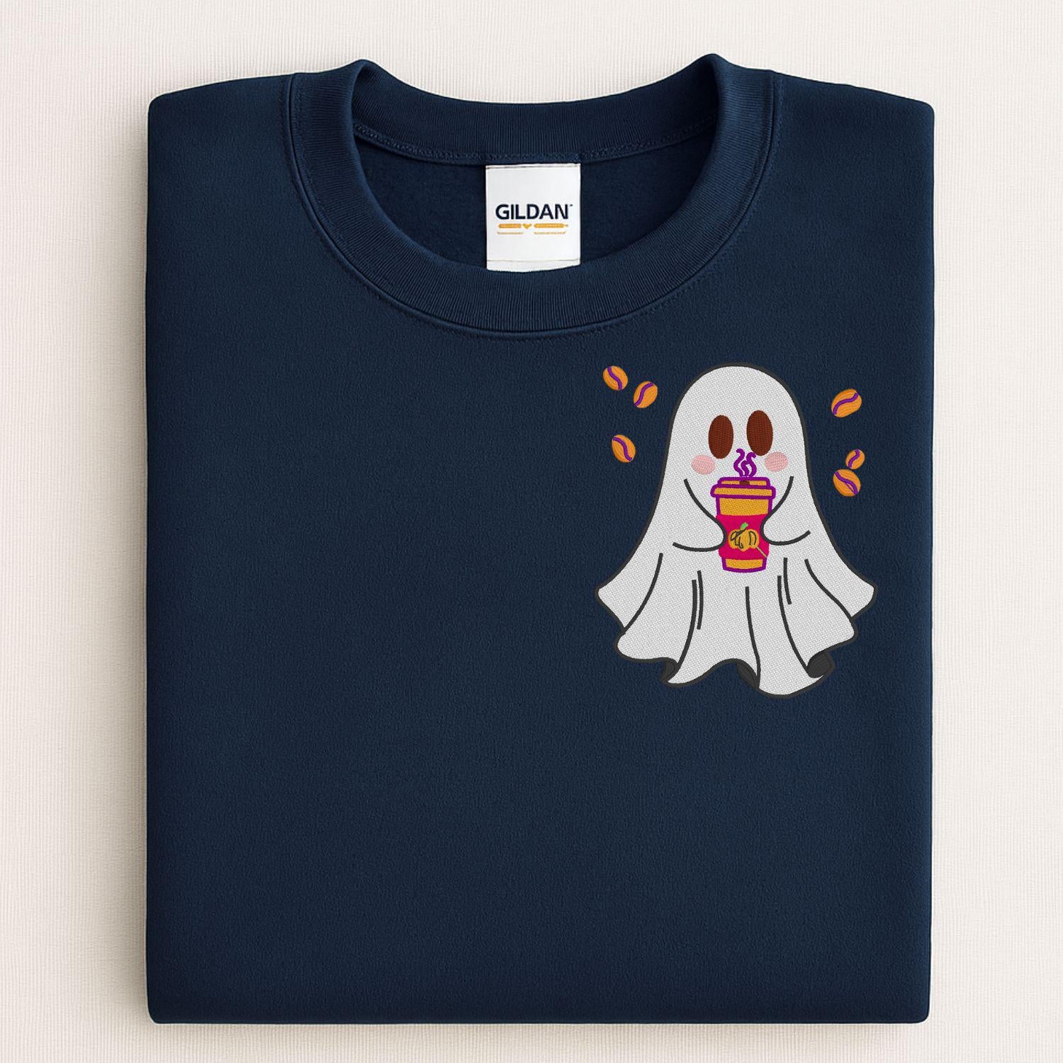 Cute Ghost Coffee Embroidery Sweatshirt | Cozy Autumn Fall Crewneck | Halloween Latte Lover Pullover | Spooky Season Gift for Her