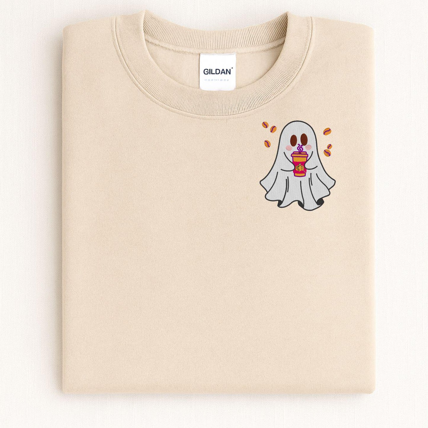 Cute Ghost Coffee Embroidery Sweatshirt | Cozy Autumn Fall Crewneck | Halloween Latte Lover Pullover | Spooky Season Gift for Her