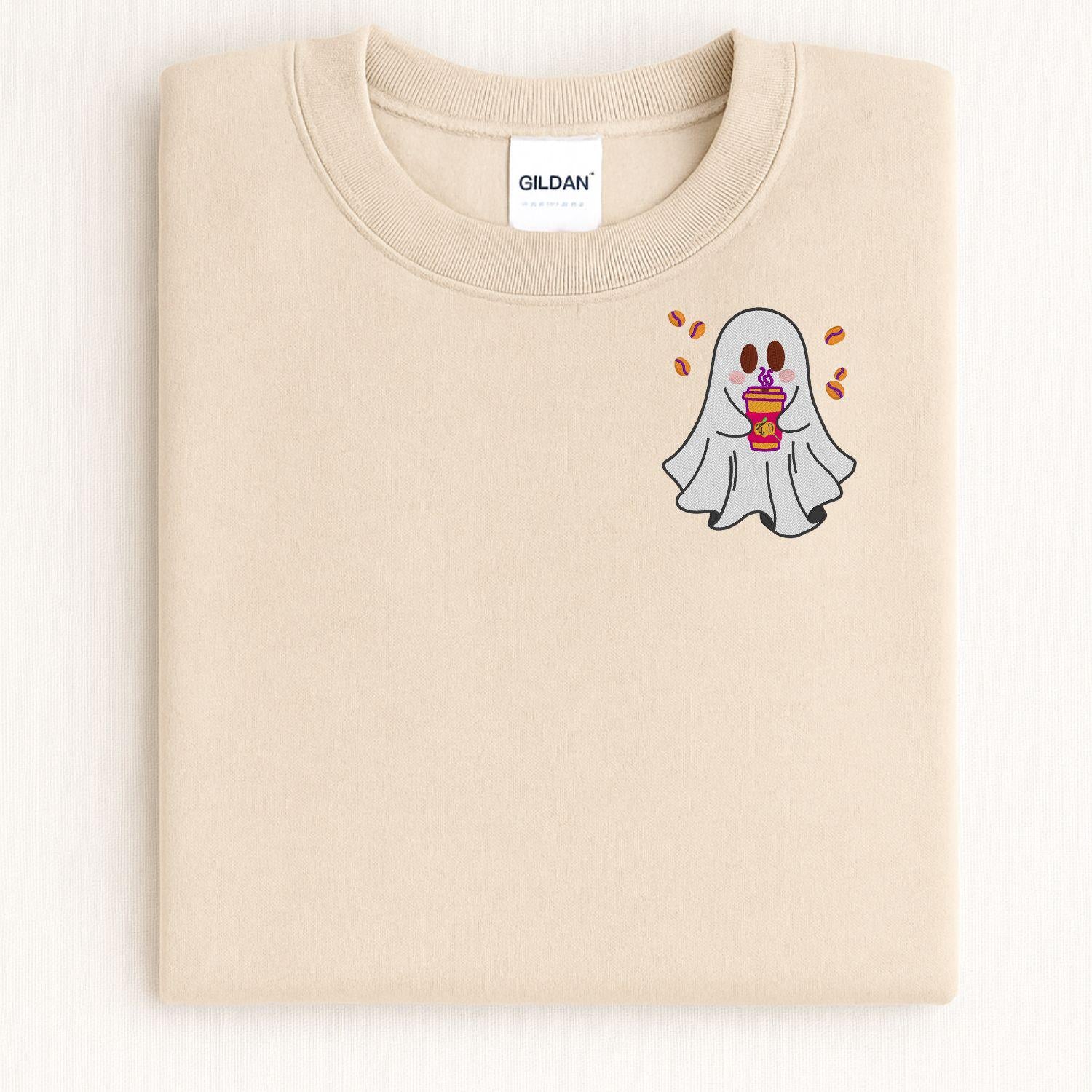 Cute Ghost Coffee Embroidery Sweatshirt | Cozy Autumn Fall Crewneck | Halloween Latte Lover Pullover | Spooky Season Gift for Her