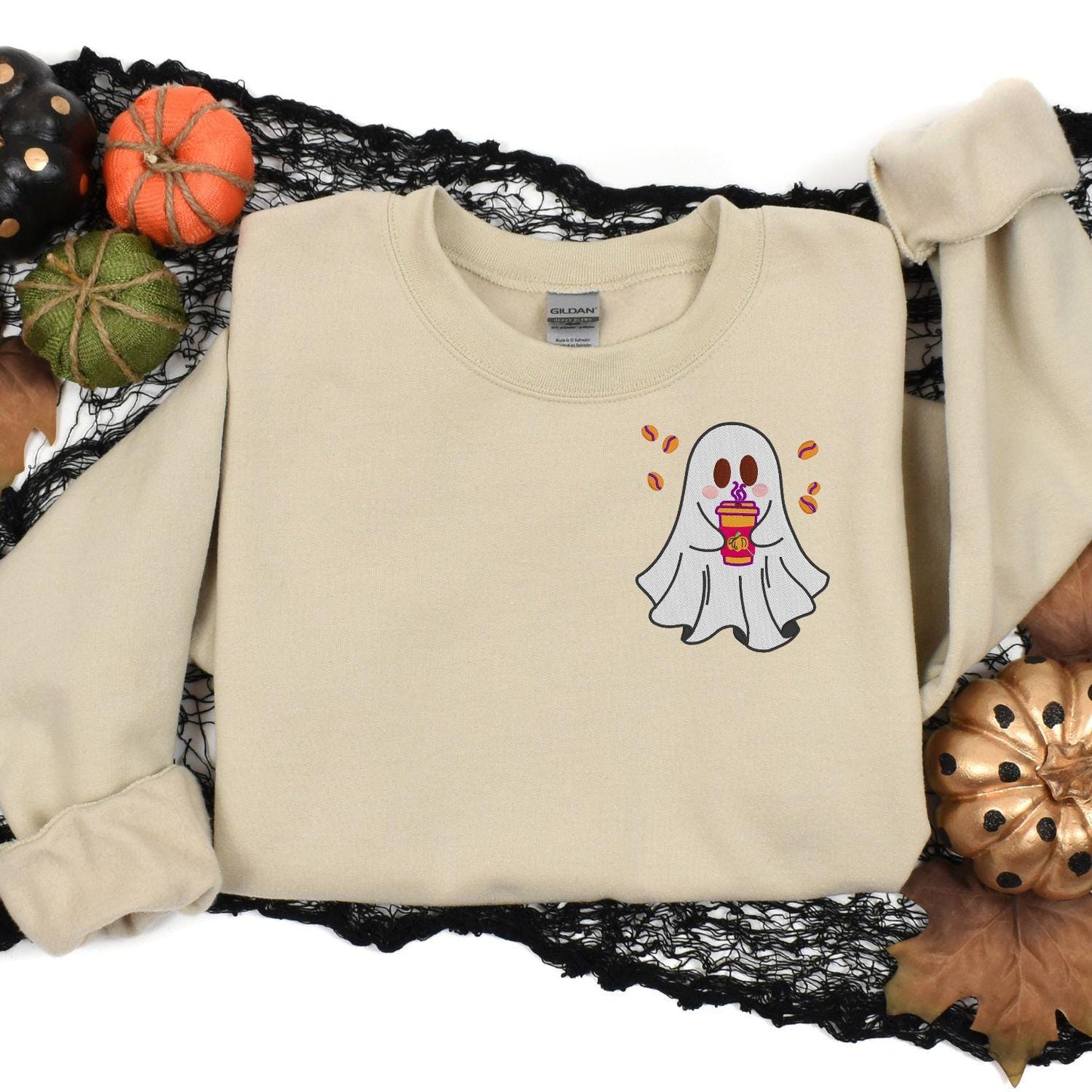 Cute Ghost Coffee Embroidery Sweatshirt | Cozy Autumn Fall Crewneck | Halloween Latte Lover Pullover | Spooky Season Gift for Her