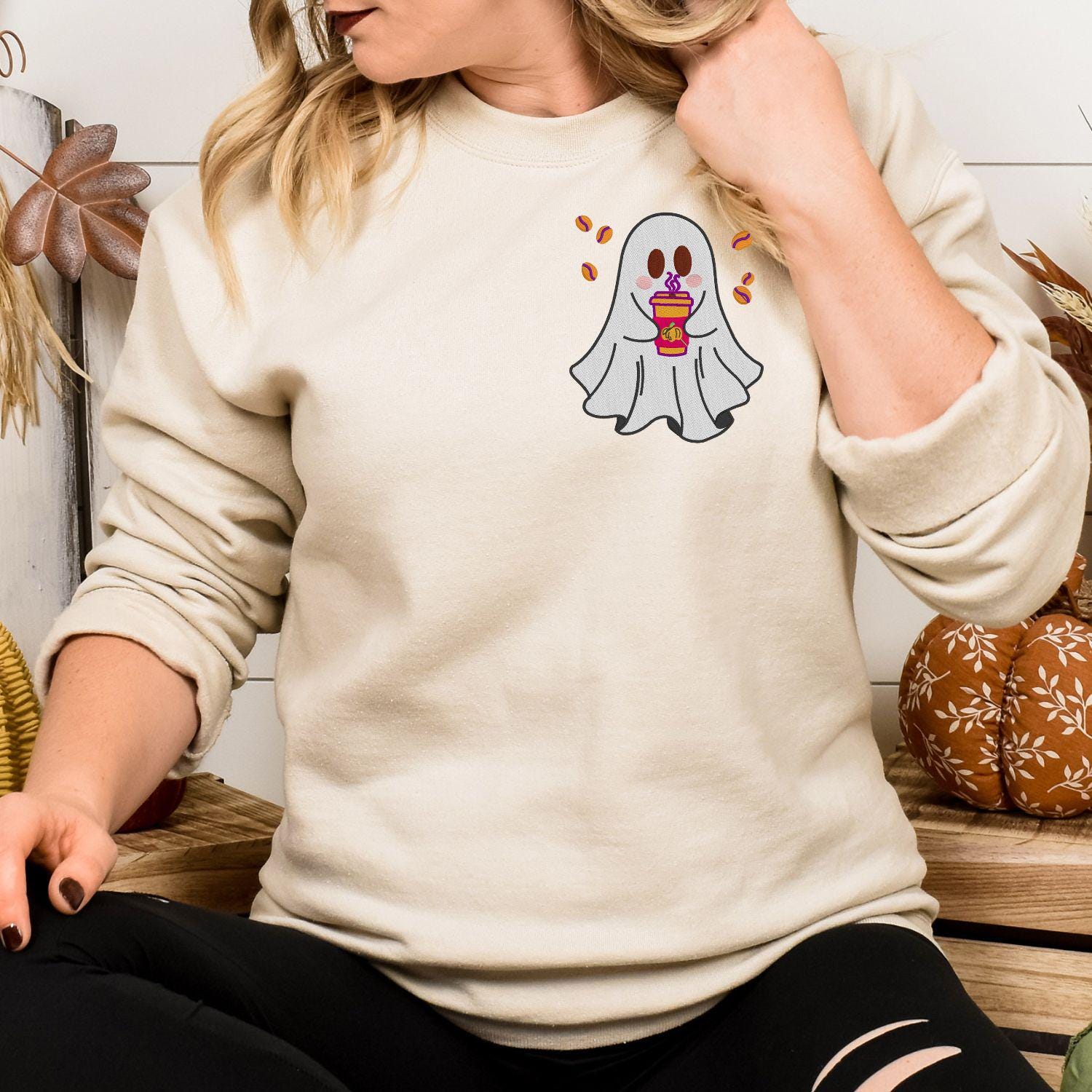 Cute Ghost Coffee Embroidery Sweatshirt | Cozy Autumn Fall Crewneck | Halloween Latte Lover Pullover | Spooky Season Gift for Her