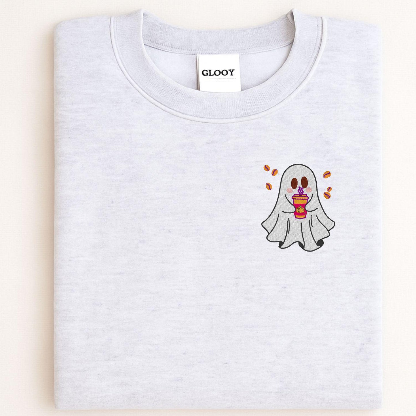 Cute Ghost Coffee Embroidery Sweatshirt | Cozy Autumn Fall Crewneck | Halloween Latte Lover Pullover | Spooky Season Gift for Her