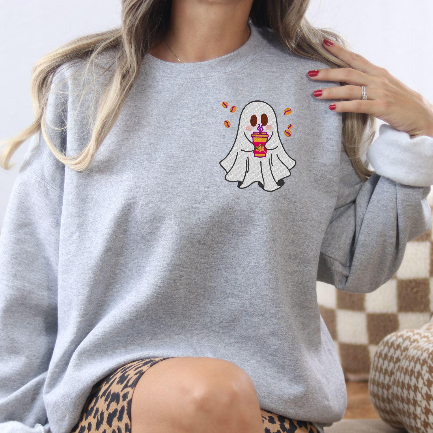 Cute Ghost Coffee Embroidery Sweatshirt | Cozy Autumn Fall Crewneck | Halloween Latte Lover Pullover | Spooky Season Gift for Her
