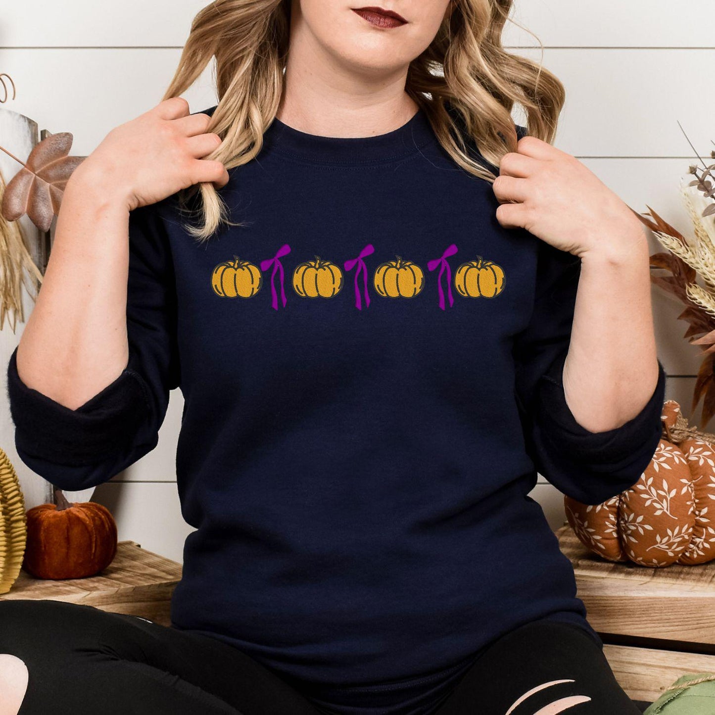 Cozy Pumpkin Bow Embroidery Sweatshirt | Fall Autumn Pullover | Cute Cozy Season Shirt | Pumpkin Lover Outfit | Harvest Aesthetic
