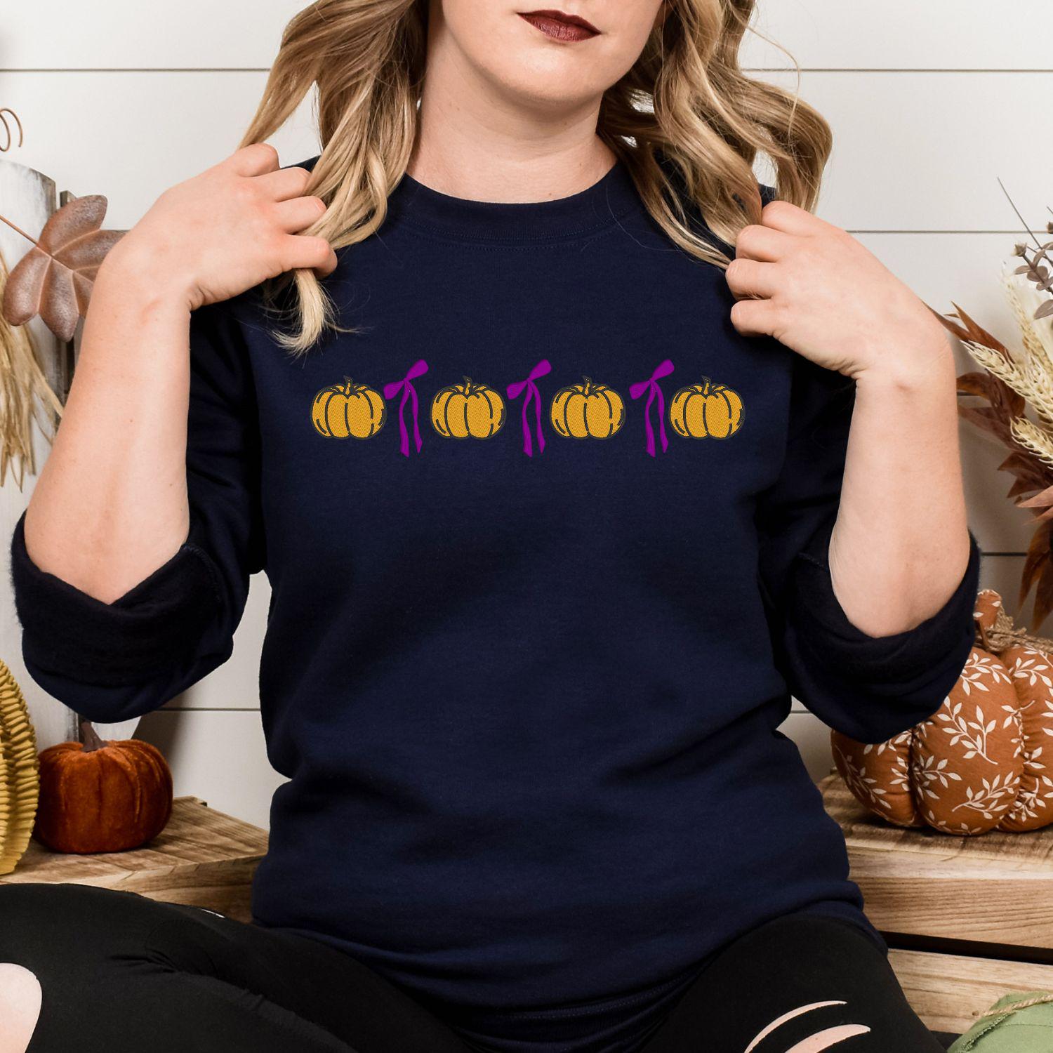 Cozy Pumpkin Bow Embroidery Sweatshirt | Fall Autumn Pullover | Cute Cozy Season Shirt | Pumpkin Lover Outfit | Harvest Aesthetic