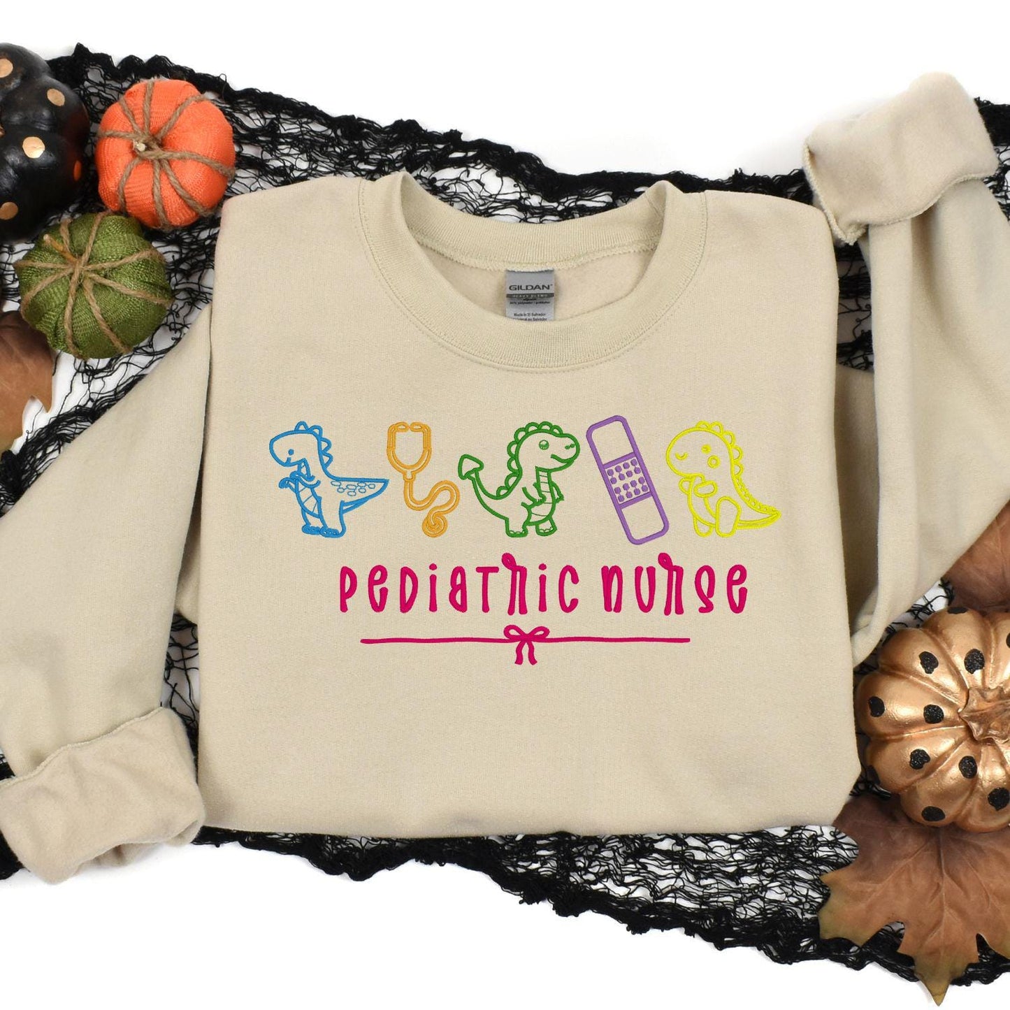 Pediatric Nurse Dinosaur Embroidery Sweatshirt – Cute Dino Medical Crewneck – Nurse Appreciation Gift – Colorful Stethoscope Design