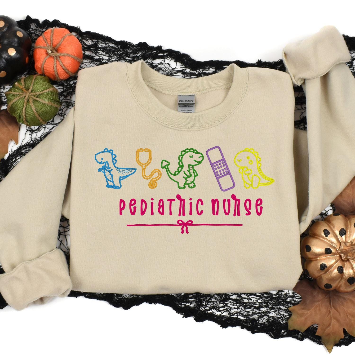 Pediatric Nurse Dinosaur Embroidery Sweatshirt – Cute Dino Medical Crewneck – Nurse Appreciation Gift – Colorful Stethoscope Design