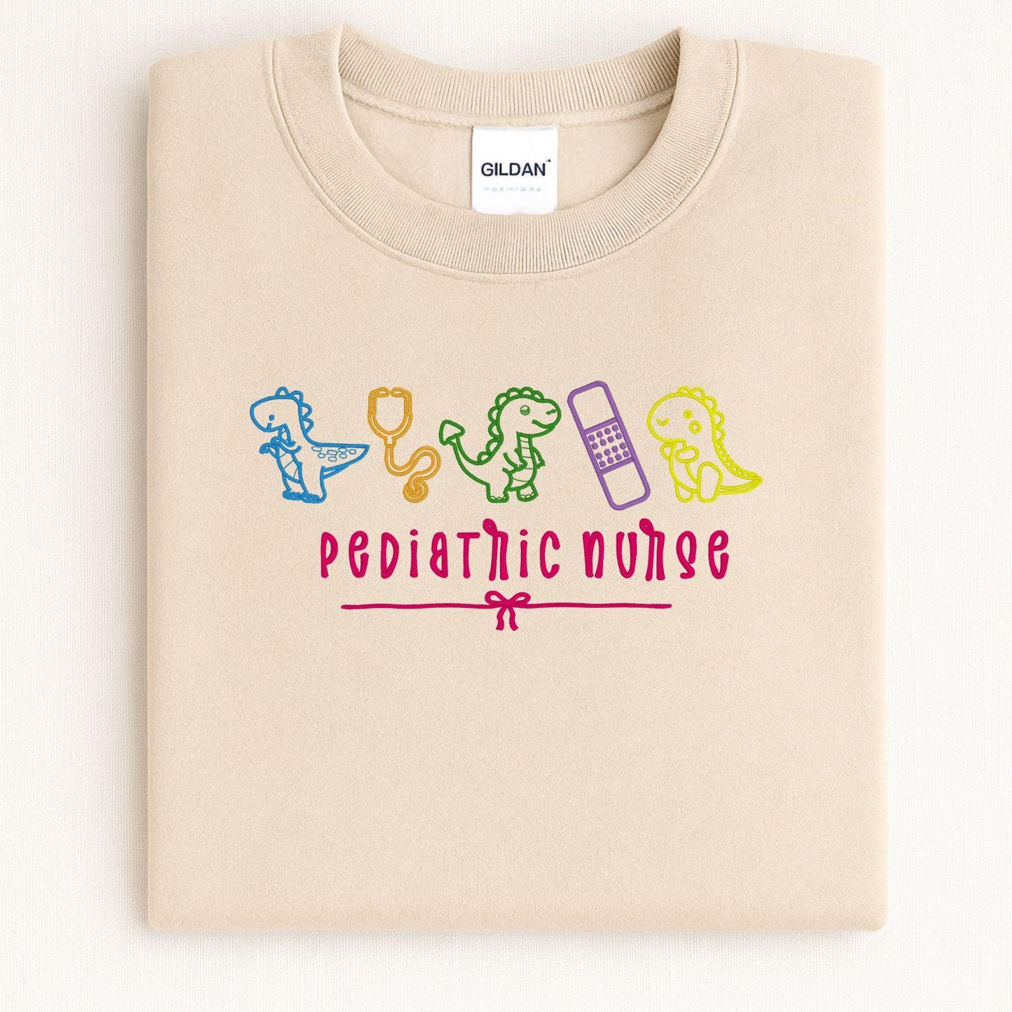 Pediatric Nurse Dinosaur Embroidery Sweatshirt – Cute Dino Medical Crewneck – Nurse Appreciation Gift – Colorful Stethoscope Design