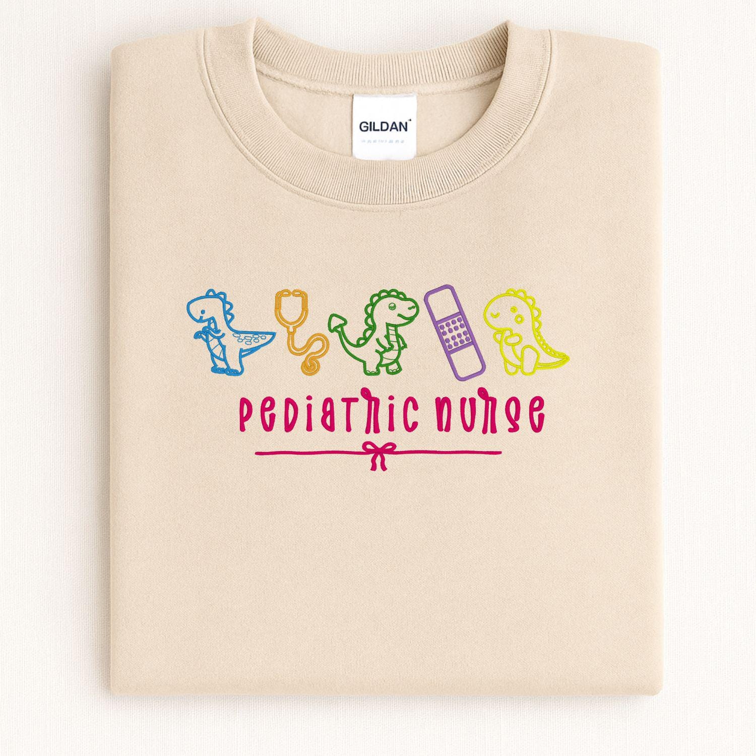 Pediatric Nurse Dinosaur Embroidery Sweatshirt – Cute Dino Medical Crewneck – Nurse Appreciation Gift – Colorful Stethoscope Design