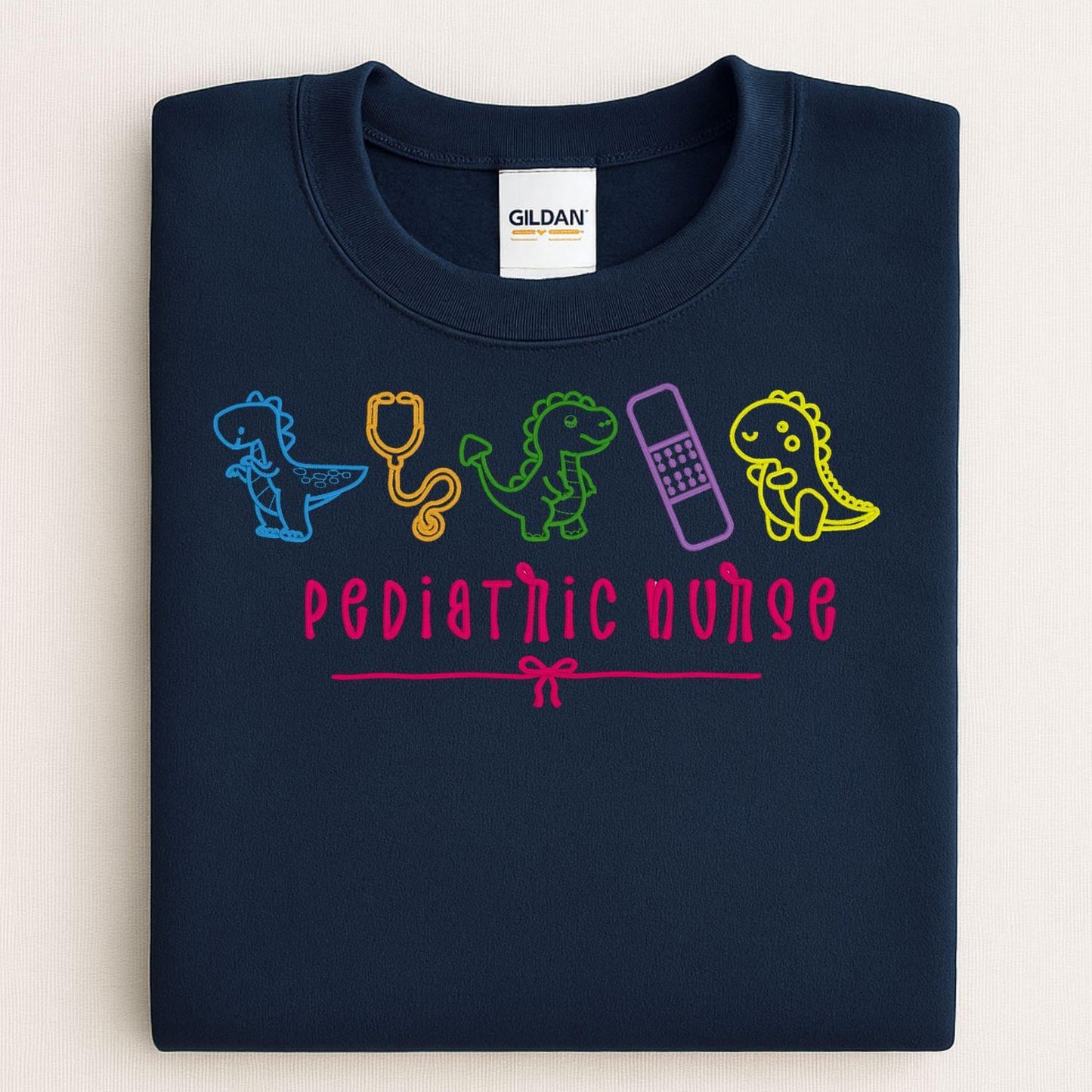 Pediatric Nurse Dinosaur Embroidery Sweatshirt – Cute Dino Medical Crewneck – Nurse Appreciation Gift – Colorful Stethoscope Design